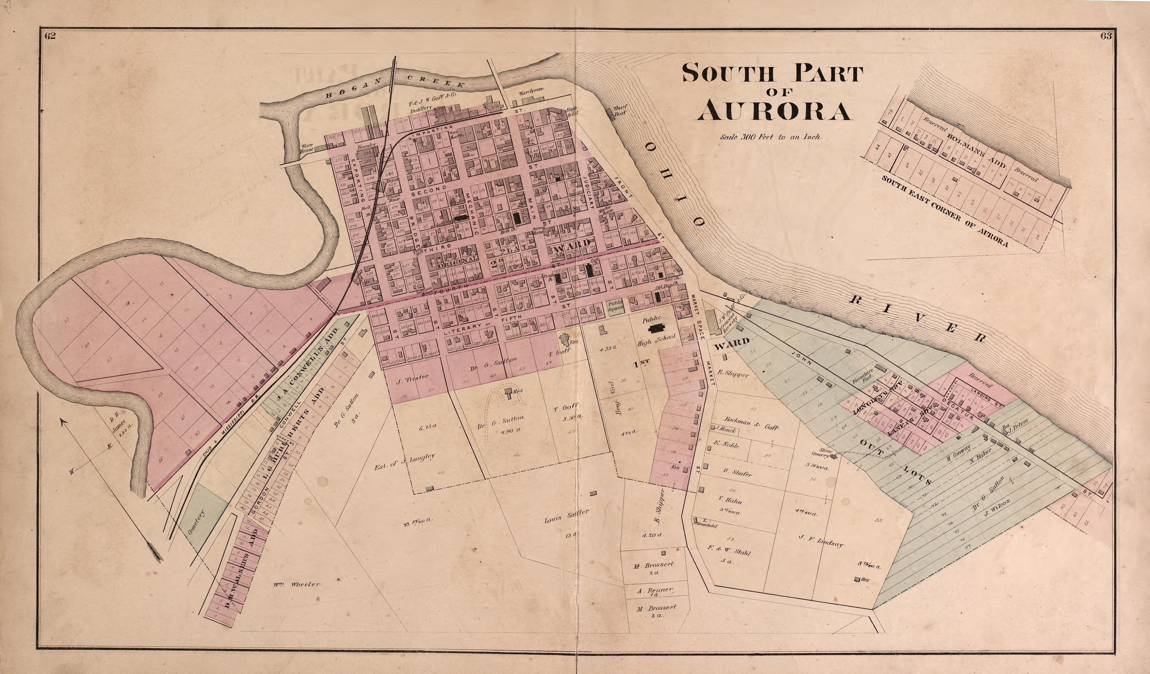 South Part of Aurora from Atlas of Dearborn County, Indiana : to Which Is Added a Map of the State of Indiana, Also an Outline and Rail Road Map of the United States 1875 by Relic Map Company