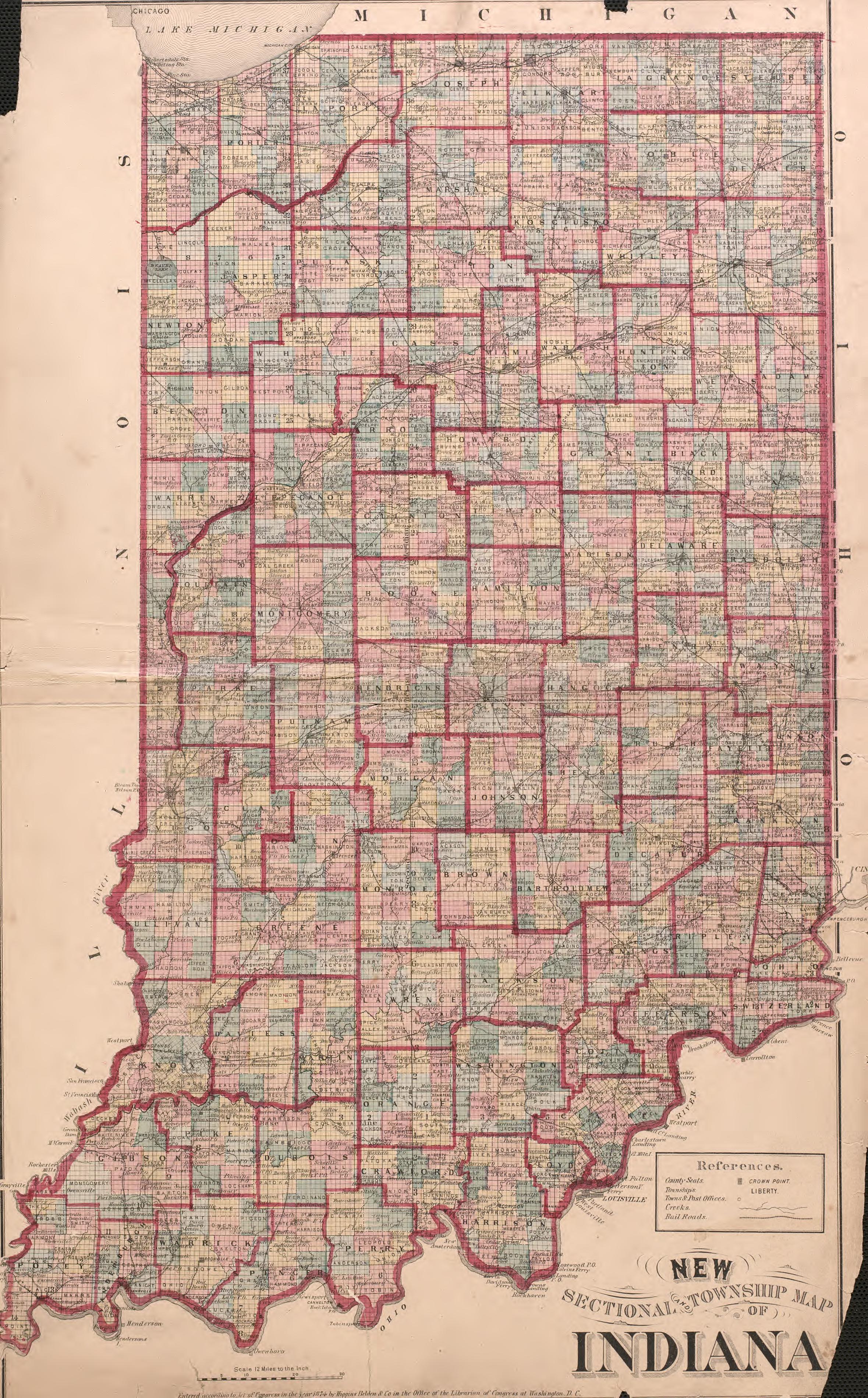 Sectional Township Map of Indiana from Atlas of Dearborn County, Indiana : to Which Is Added a Map of the State of Indiana, Also an Outline and Rail Road Map of the United States 1875 by Relic Map Company