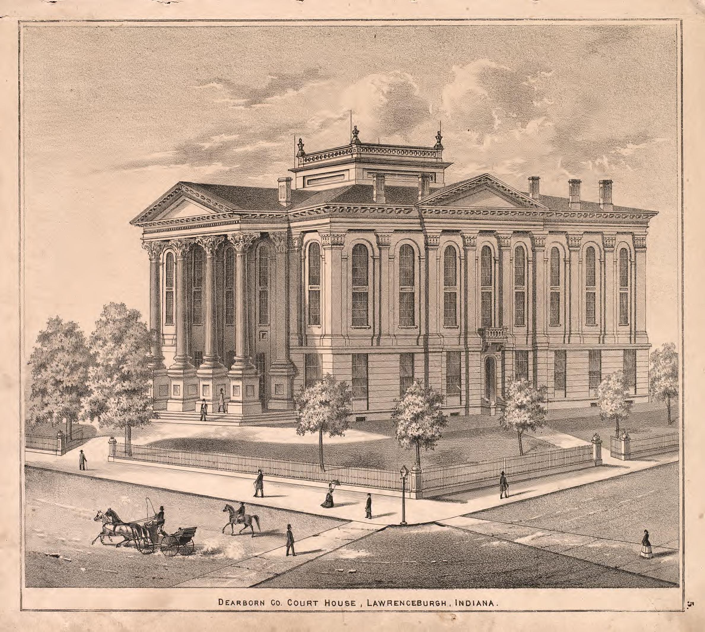 View of Deacon County Courthouse from Atlas of Dearborn County, Indiana : to Which Is Added a Map of the State of Indiana, Also an Outline and Rail Road Map of the United States 1875 by Relic Map Company