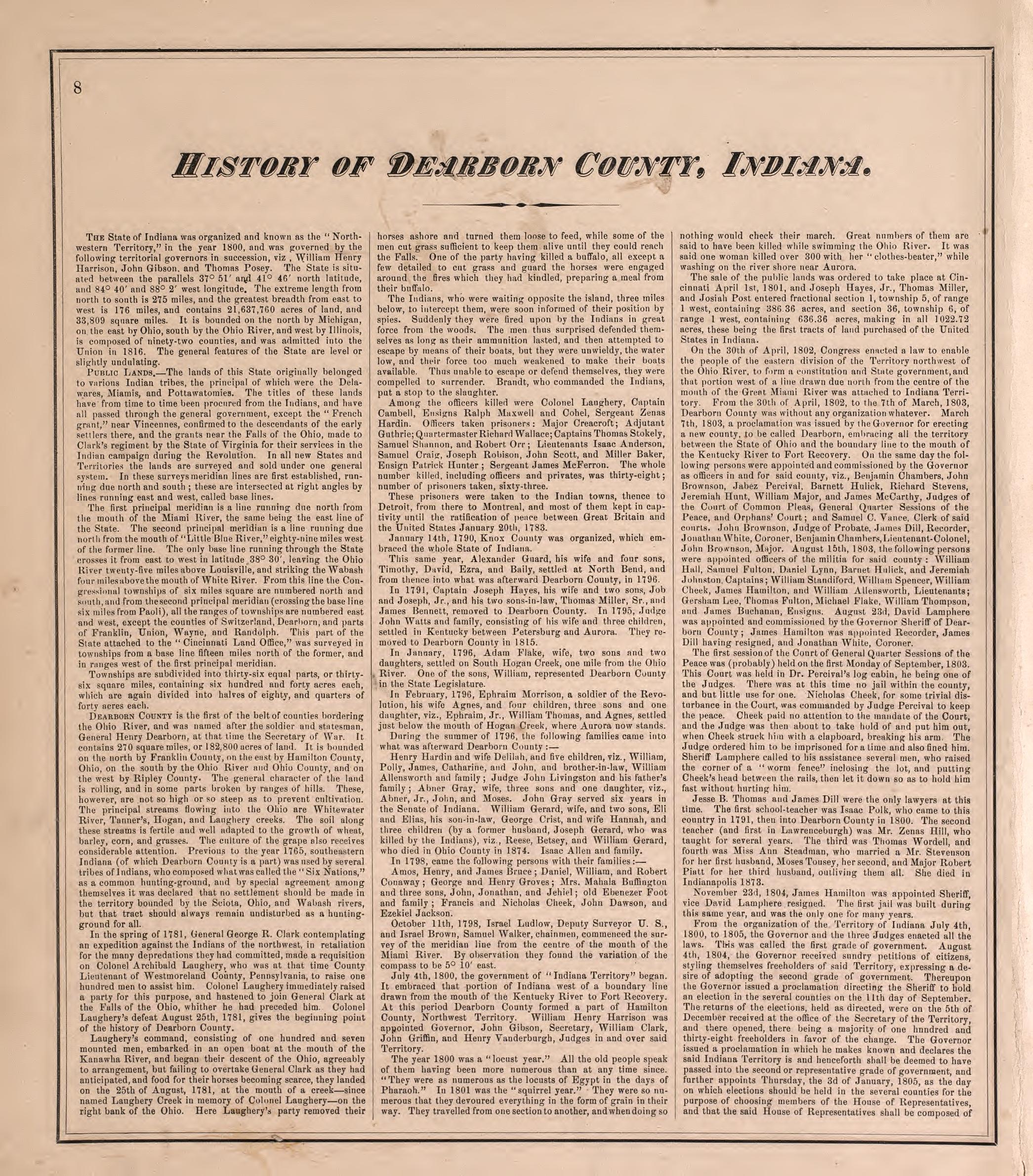 History of Dearborn County from Atlas of Dearborn County, Indiana : to Which Is Added a Map of the State of Indiana, Also an Outline and Rail Road Map of the United States 1875 by Relic Map Company