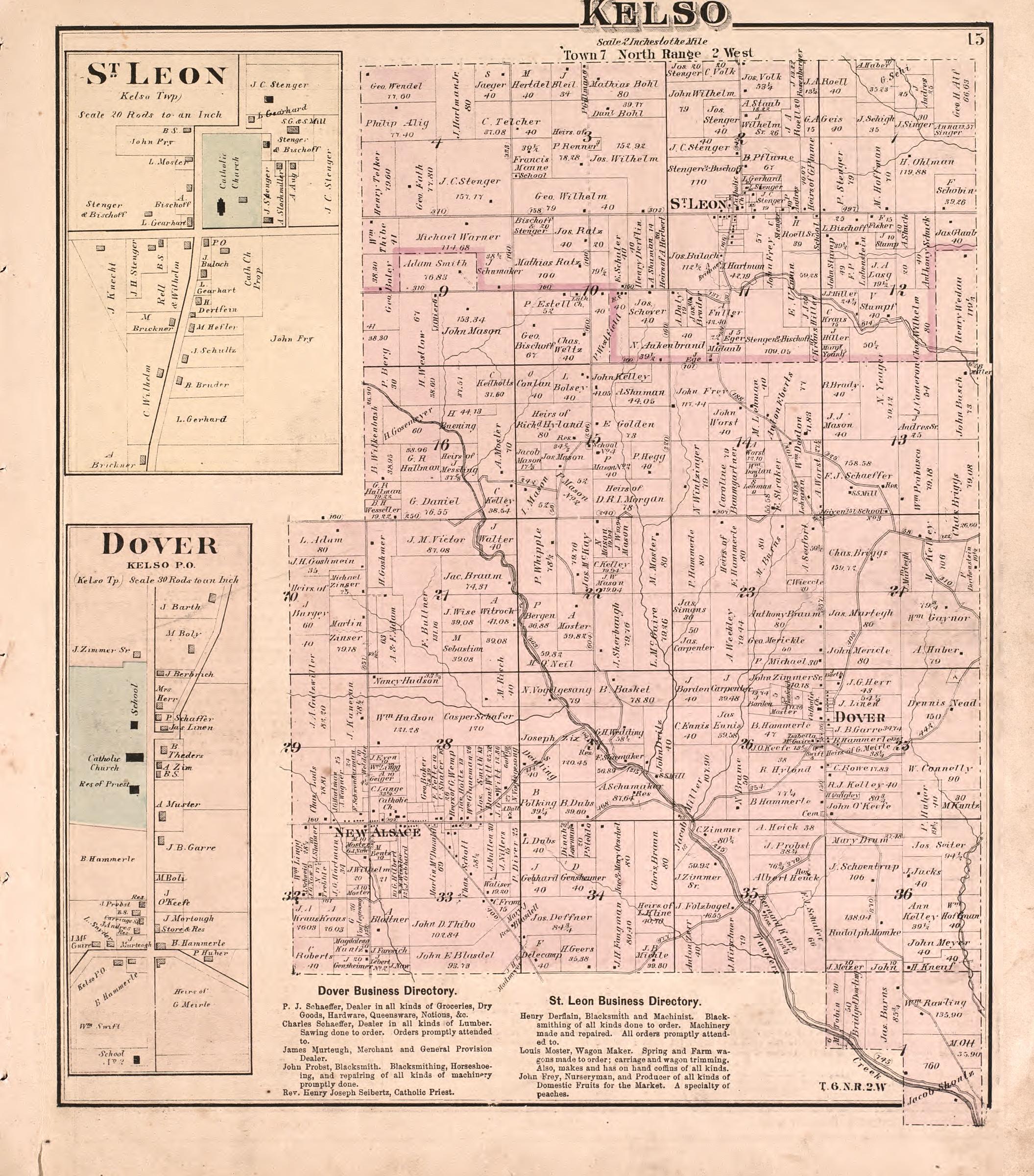 Kelso, St. Leon, Dover from Atlas of Dearborn County, Indiana : to Which Is Added a Map of the State of Indiana, Also an Outline and Rail Road Map of the United States 1875 by Relic Map Company