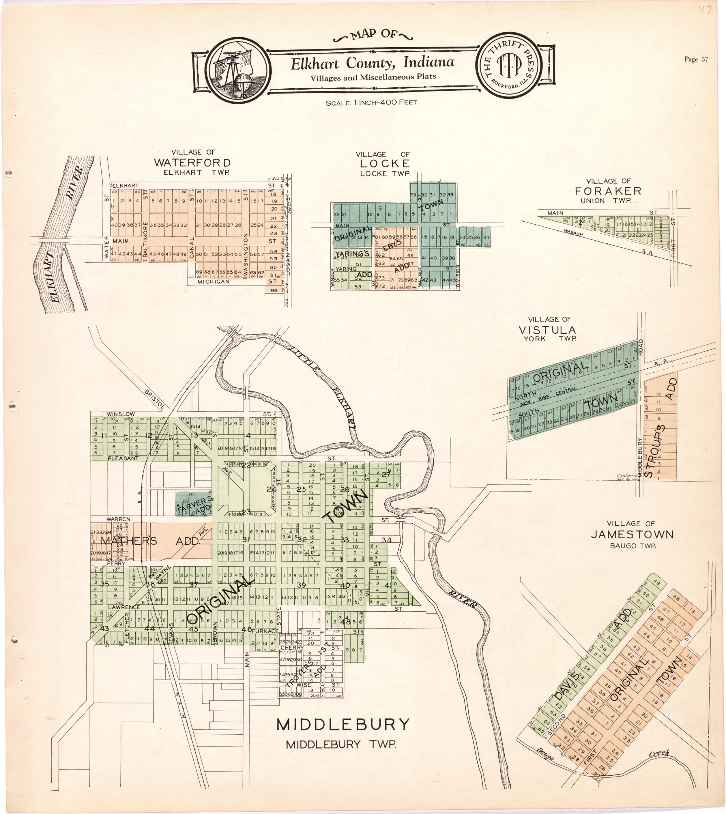 Map of Elkhart County Villages and Miscellaneous Plats from Atlas and Plat Book of Elkhart County, Indiana : Compiled from Surveys and the Public Records of Elkhart County, Indiana 1929 by Relic Map Company