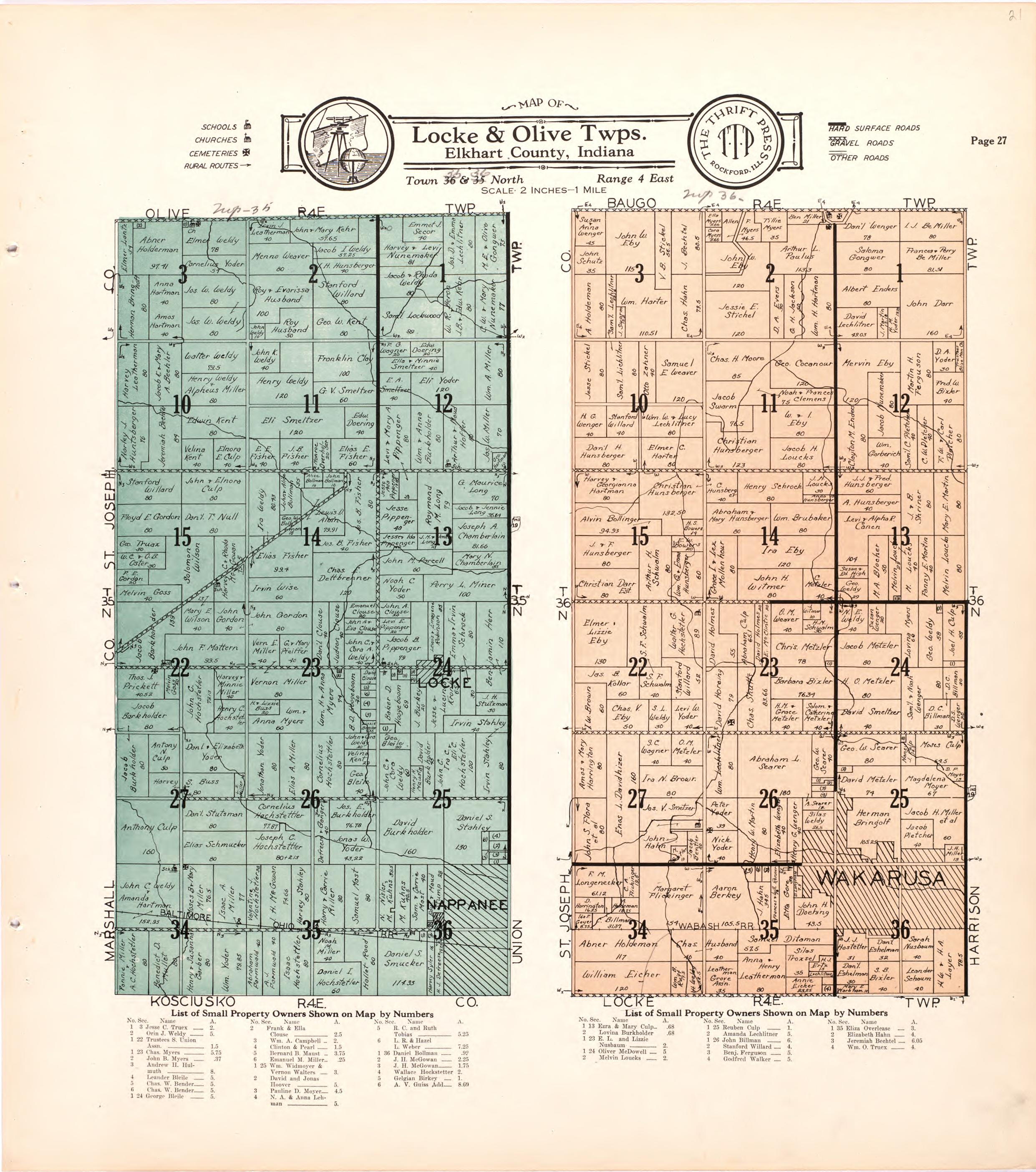 Map of Locke & Olive Twps. Elkhart County, Indiana from Atlas and Plat Book of Elkhart County, Indiana : Compiled from Surveys and the Public Records of Elkhart County, Indiana 1929 by Relic Map Company