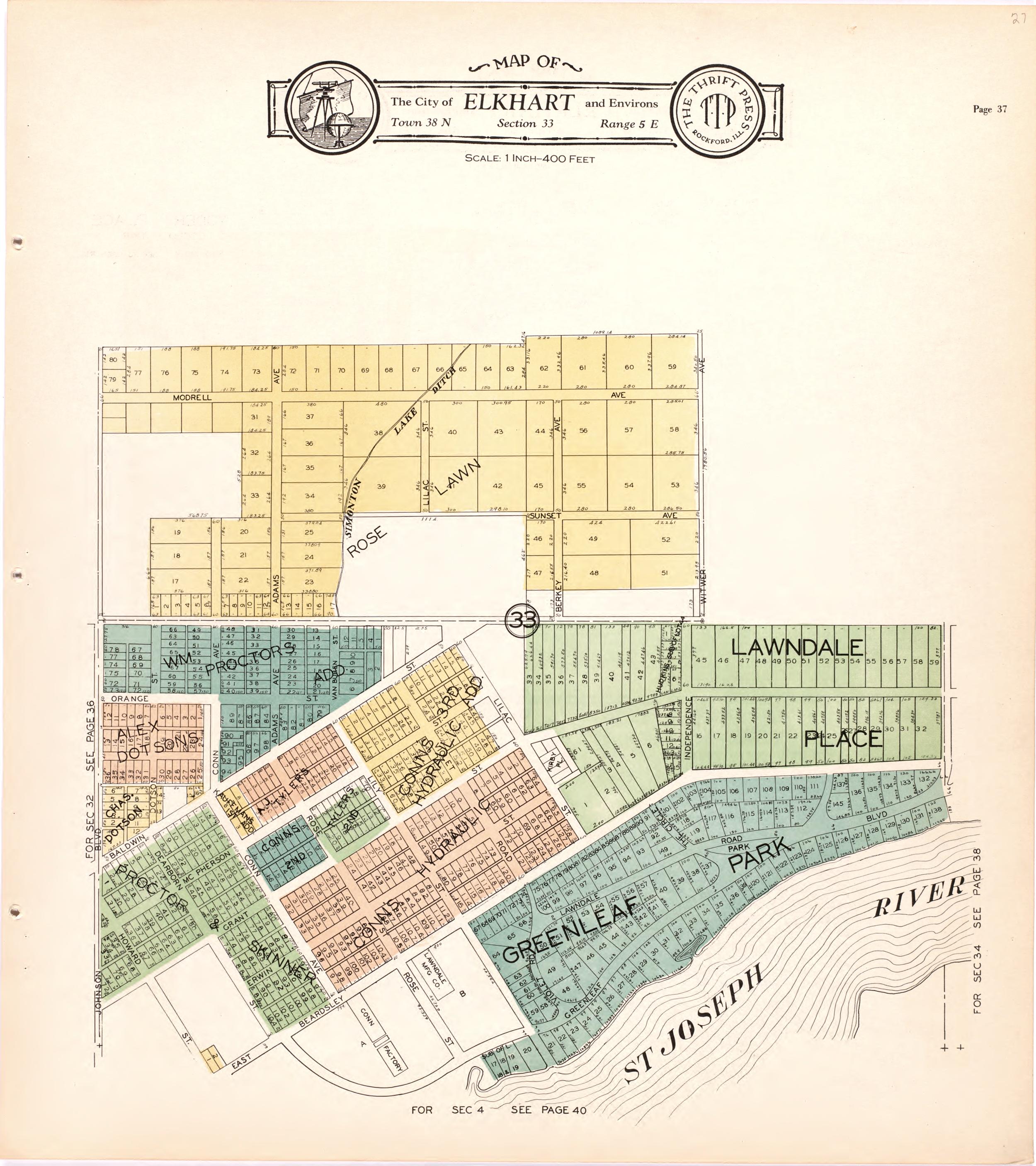 Map of the City of Elkhart & Environs from Atlas and Plat Book of Elkhart County, Indiana : Compiled from Surveys and the Public Records of Elkhart County, Indiana 1929 by Relic Map Company