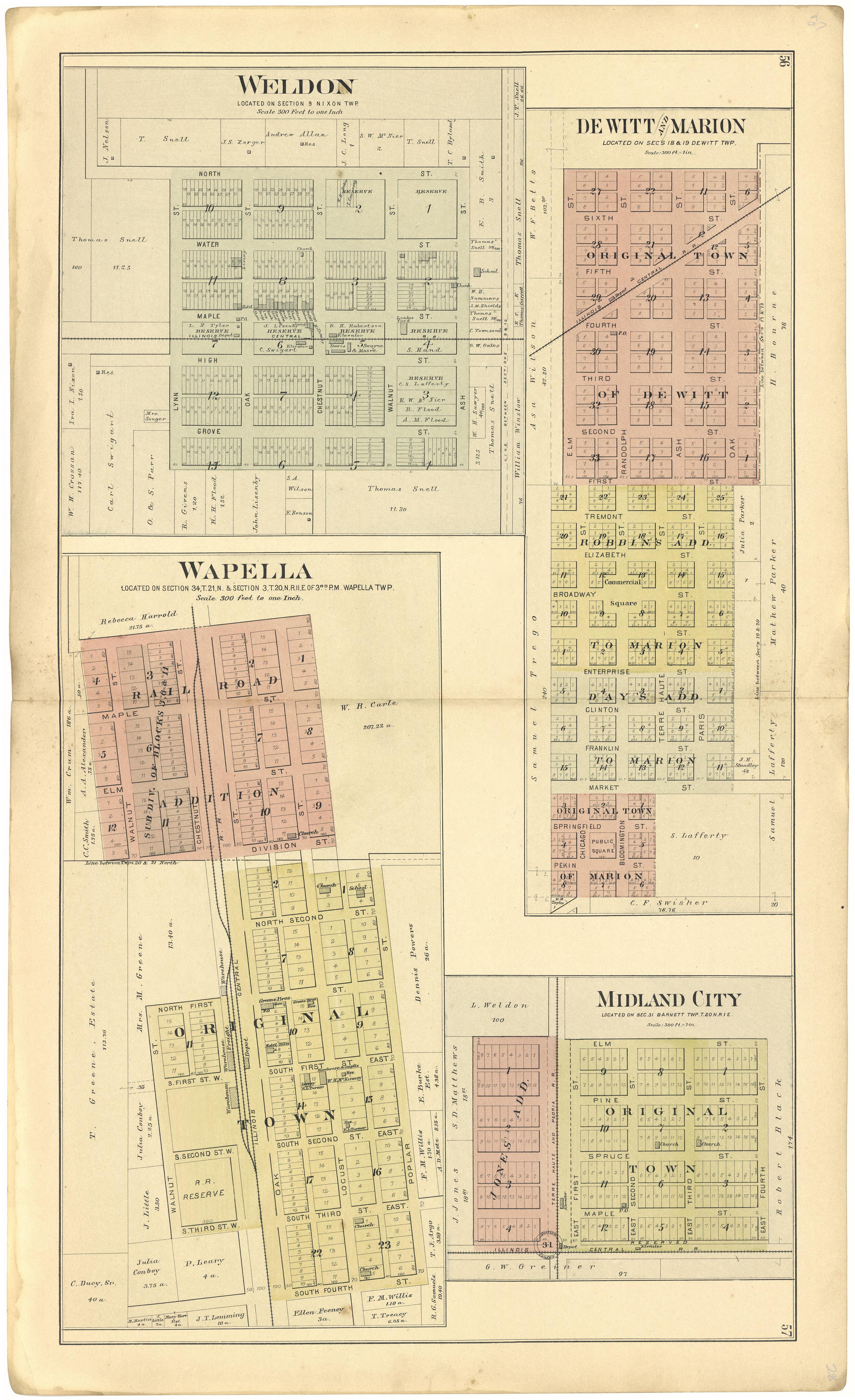 Weldon; DeWitt and Marion; Wapella; Midland City from Plat Book of De Witt County, Illinois 1894 by Relic Map Company