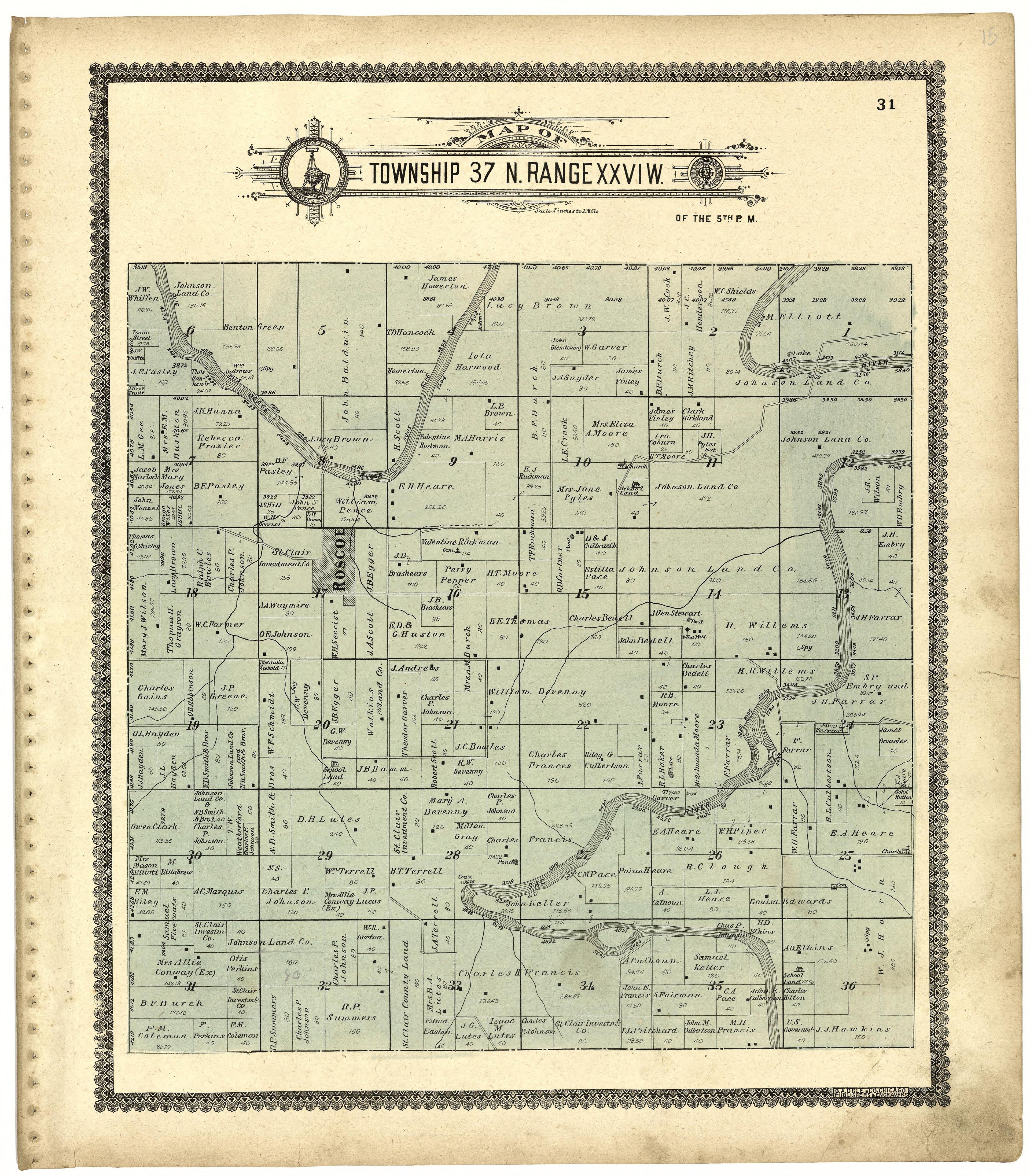Map of Township 37 N. Range XXVI W. from Standard Atlas of St. Clair County, Missouri : Including a Plat Book of the Villages, Cities and Townships of the County, Map of the State, United States and World, Patrons Directory, Reference … 1903 by Relic Map Company