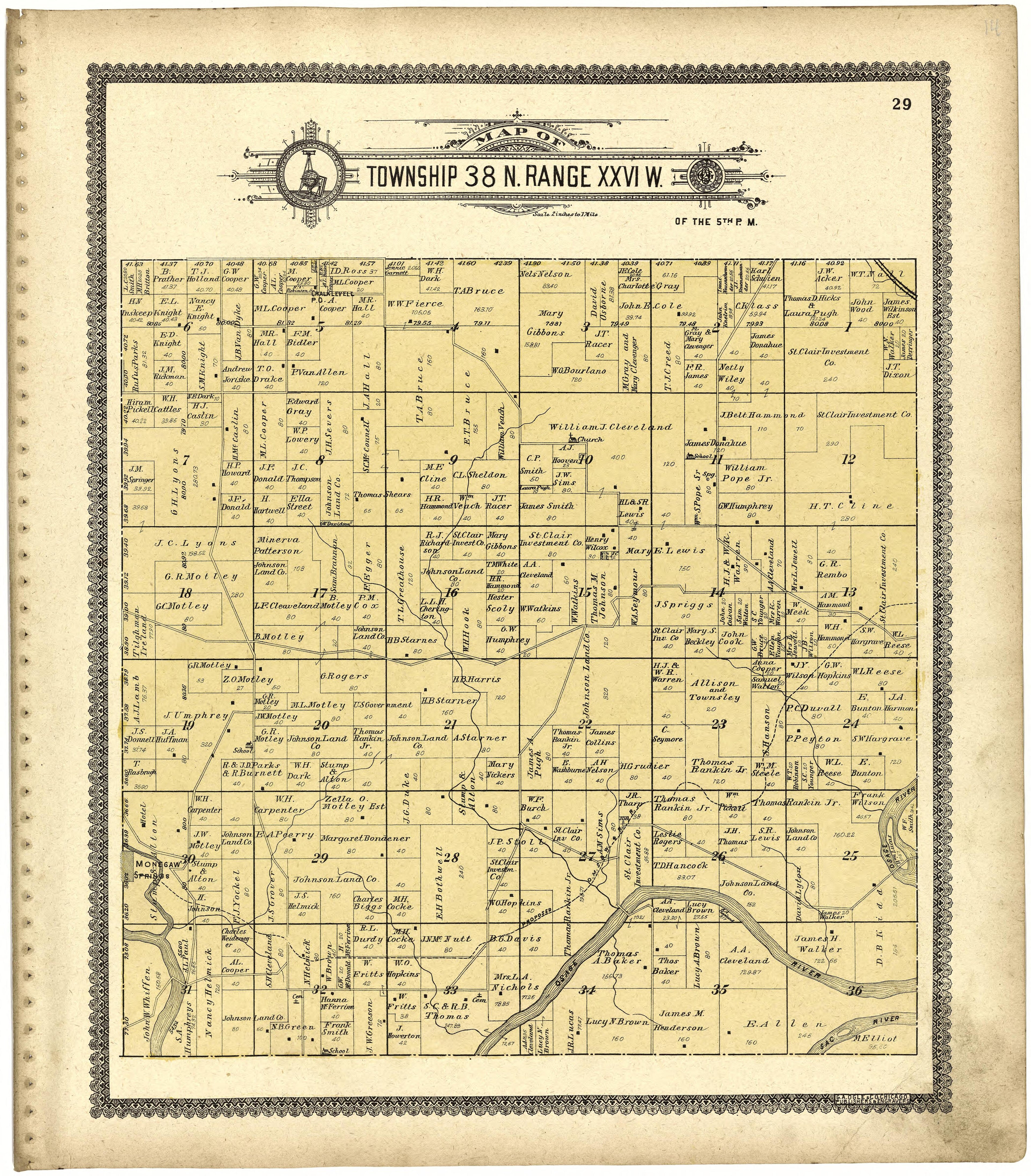 Map of Township 39 N. Range XXVI W. from Standard Atlas of St. Clair County, Missouri : Including a Plat Book of the Villages, Cities and Townships of the County, Map of the State, United States and World, Patrons Directory, Reference … 1903 by Relic Map Company