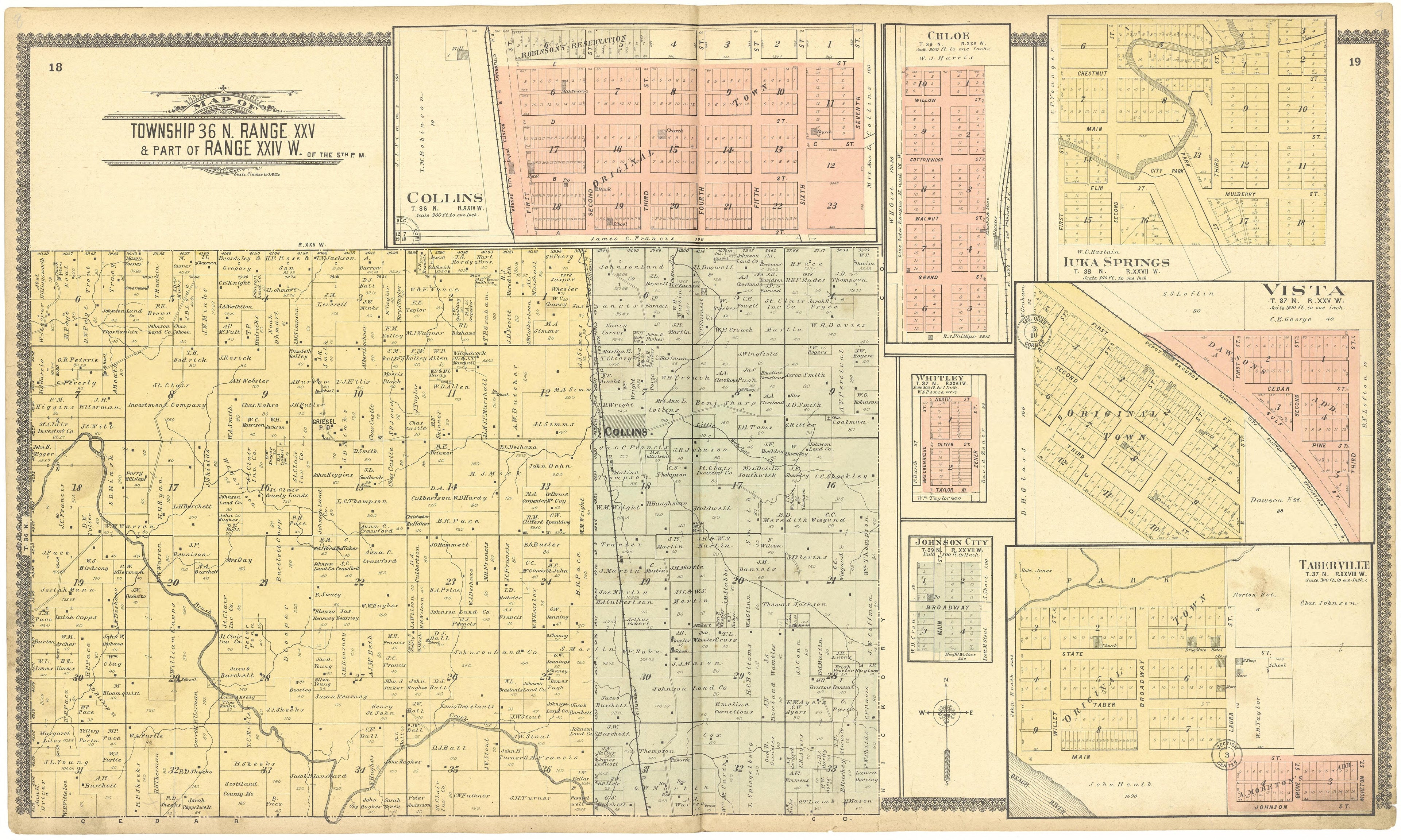 Map of Township 36 N. Range XXV & Part of Range XXIV W. from Standard Atlas of St. Clair County, Missouri : Including a Plat Book of the Villages, Cities and Townships of the County, Map of the State, United States and World, Patrons Directory, Refere... by Relic Map Company