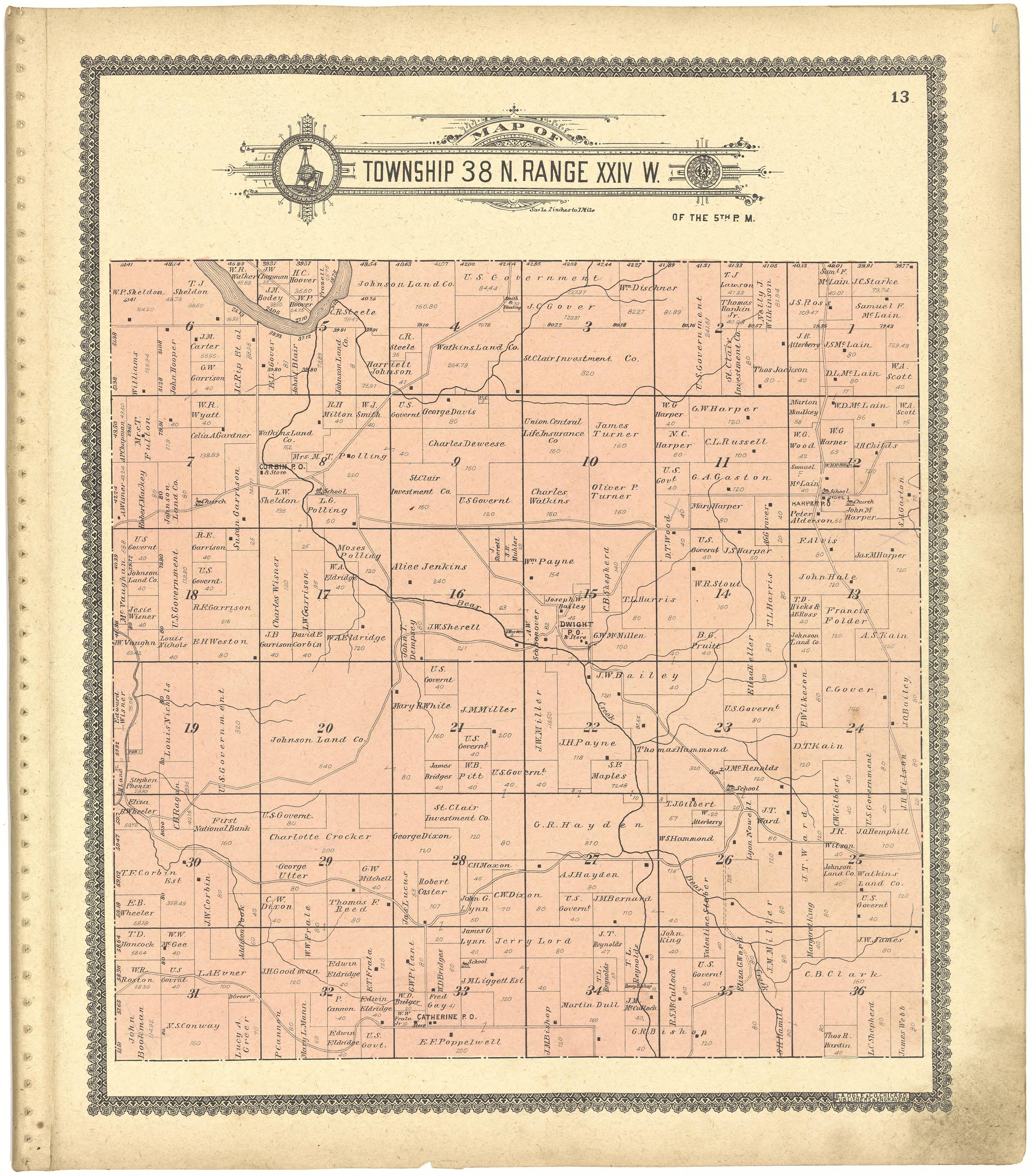 Map of Township 38 N. Range XXIV W. from Standard Atlas of St. Clair County, Missouri : Including a Plat Book of the Villages, Cities and Townships of the County, Map of the State, United States and World, Patrons Directory, Reference … 1903 by Relic Map Company