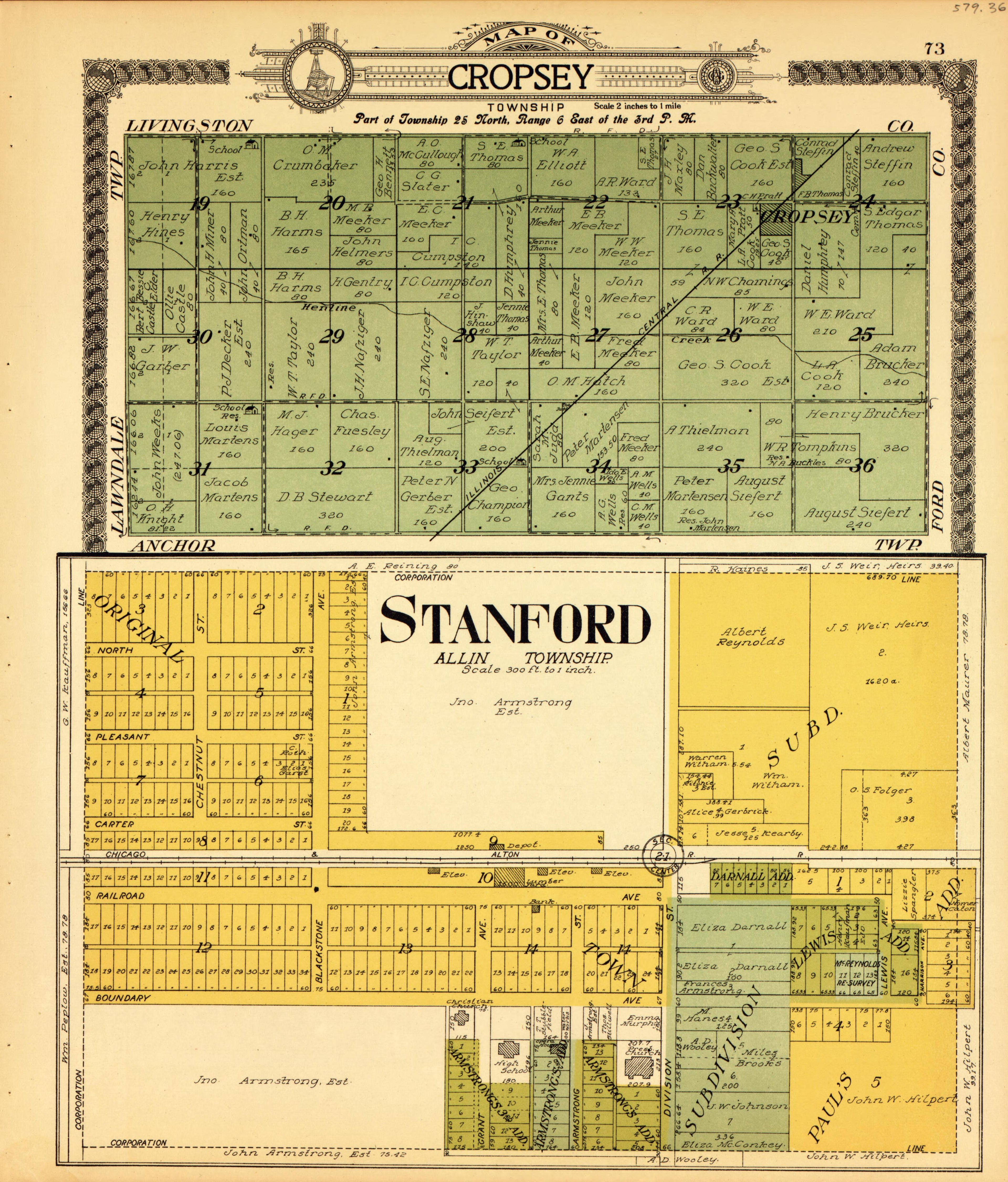 Cropsley, Stanford from Standard Atlas of McLean County, Illinois, Including a Plat Book of the Villages, Cities and Townships of the County 1914 by Relic Map Company