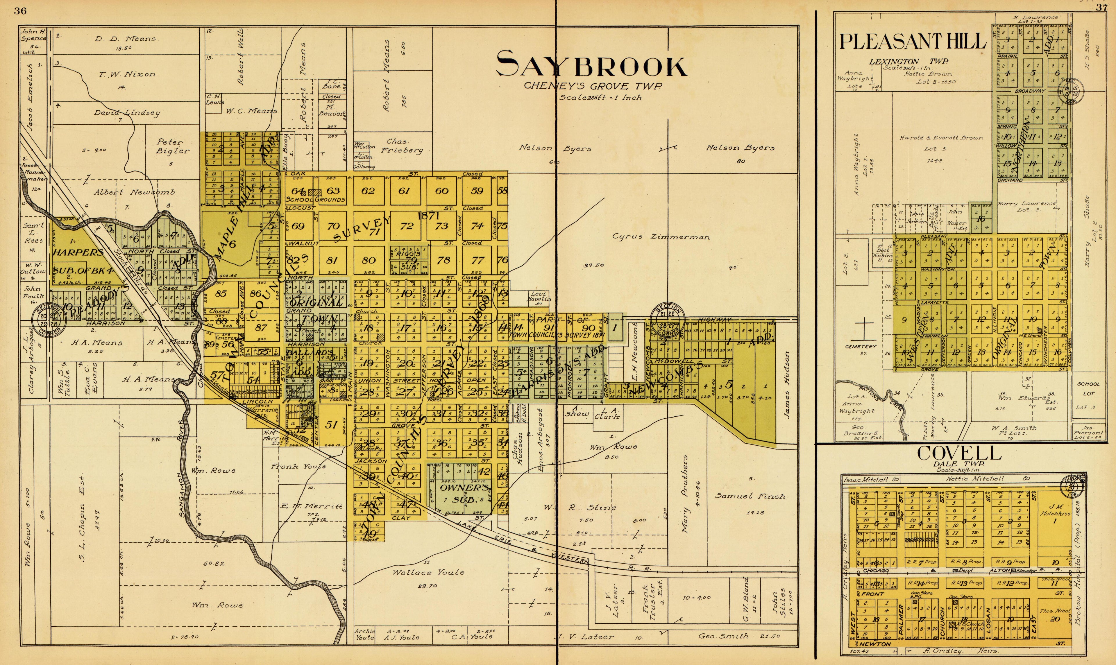 Saybrook, Pleasant Hill, Covell from Standard Atlas of McLean County, Illinois, Including a Plat Book of the Villages, Cities and Townships of the County 1914 by Relic Map Company