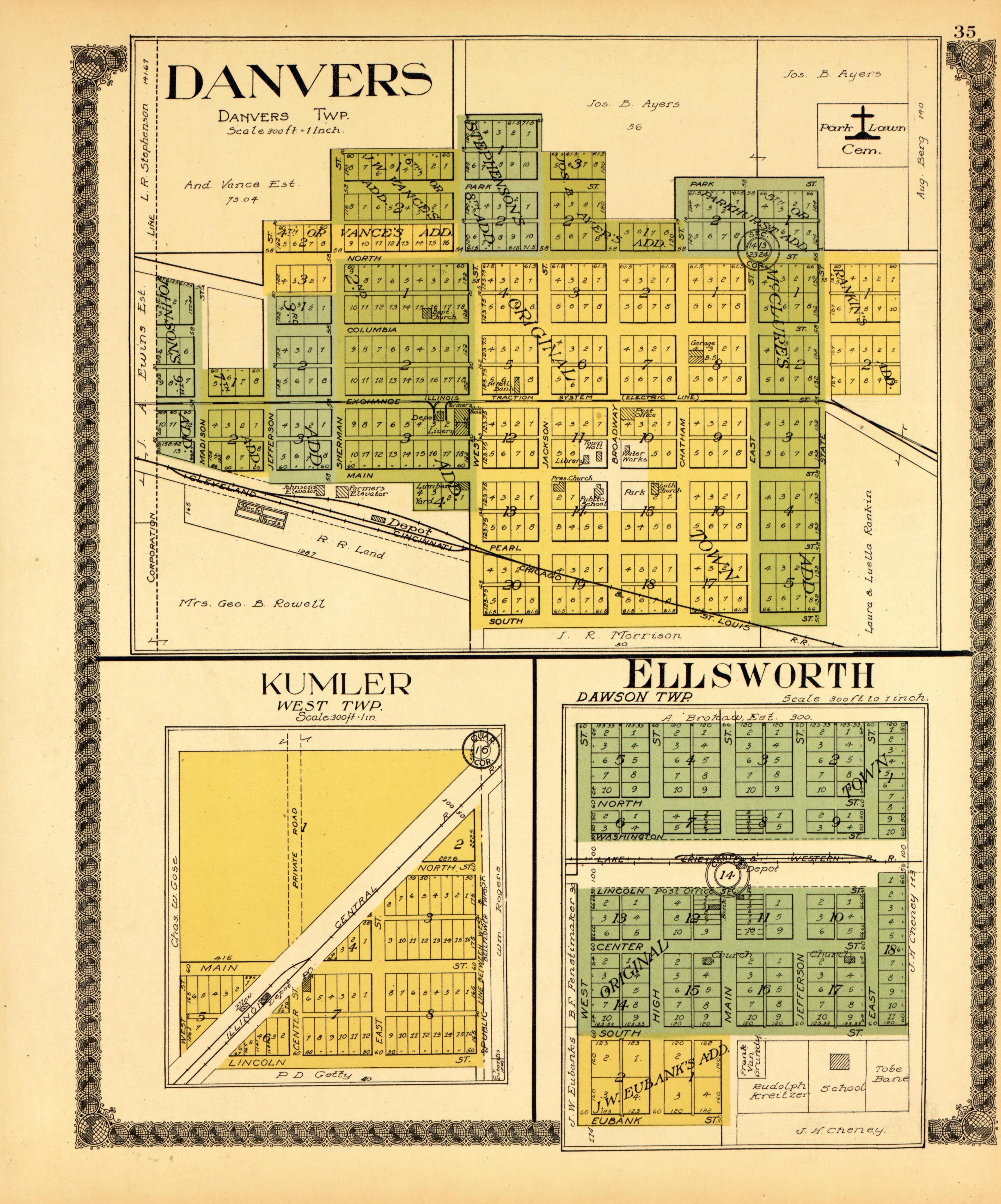 Danvers, Kumler, Ellsworth from Standard Atlas of McLean County, Illinois, Including a Plat Book of the Villages, Cities and Townships of the County 1914 by Relic Map Company