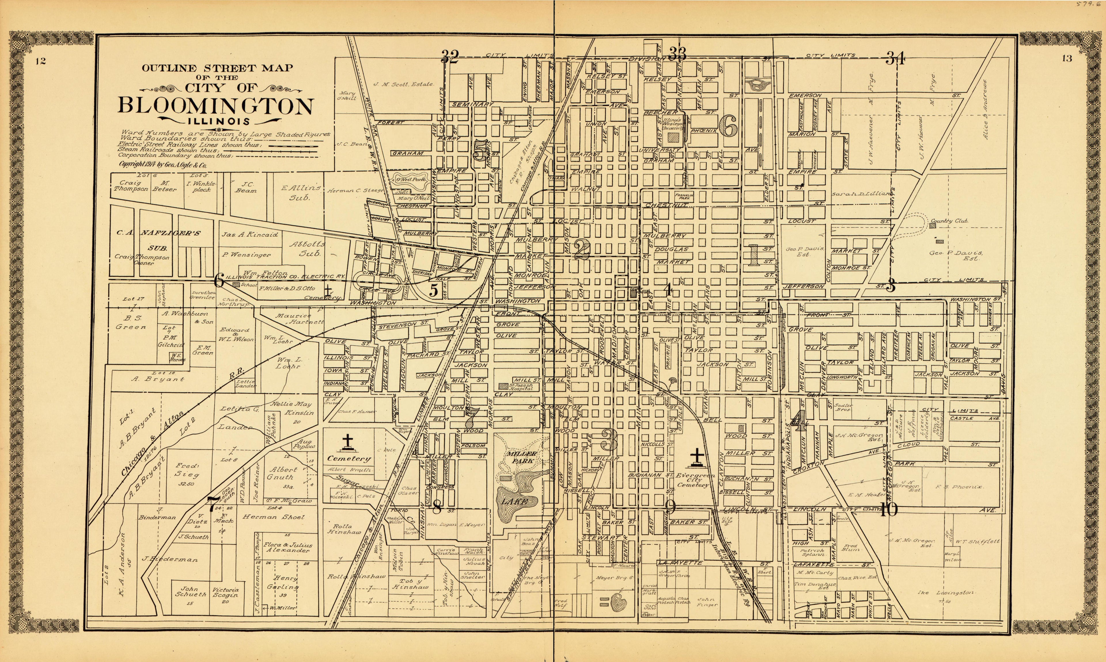Bloomington from Standard Atlas of McLean County, Illinois, Including a Plat Book of the Villages, Cities and Townships of the County 1914 by Relic Map Company