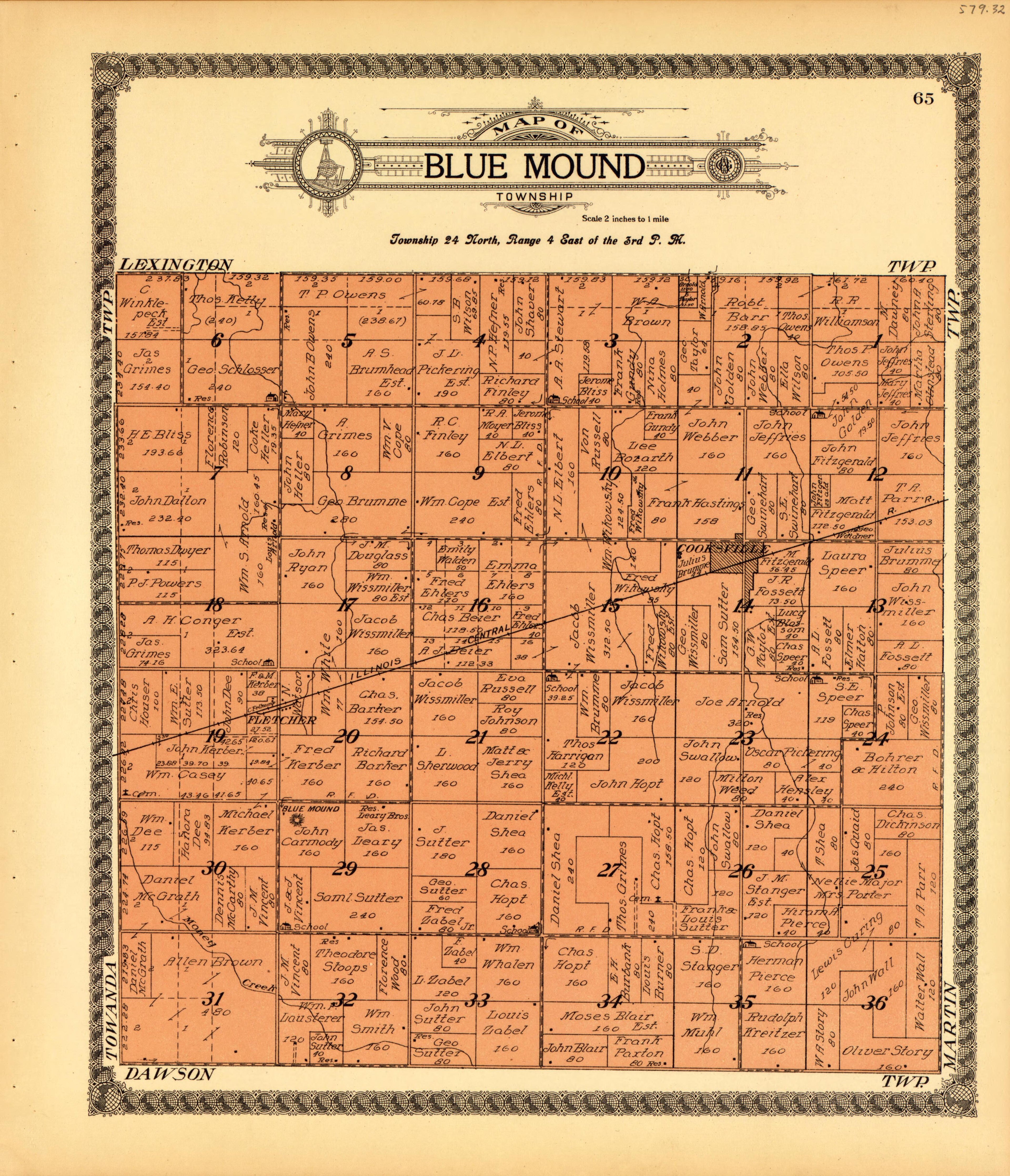 Blue Mound from Standard Atlas of McLean County, Illinois, Including a Plat Book of the Villages, Cities and Townships of the County 1914 by Relic Map Company