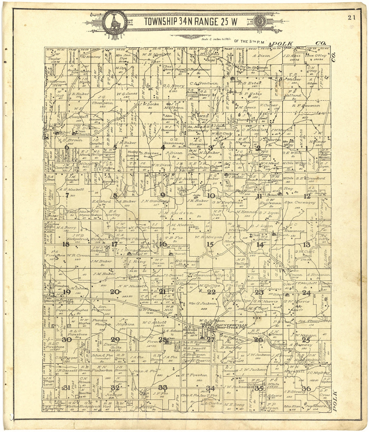 Map of Township 34 N Range 25 W from Standard Atlas of Cedar County, Missouri : Including a Plat Book of the Villages, Cities and Townships of the County, Map of the State, United States and World, Patrons Directory, Reference Business … 1908 by Relic Map Company