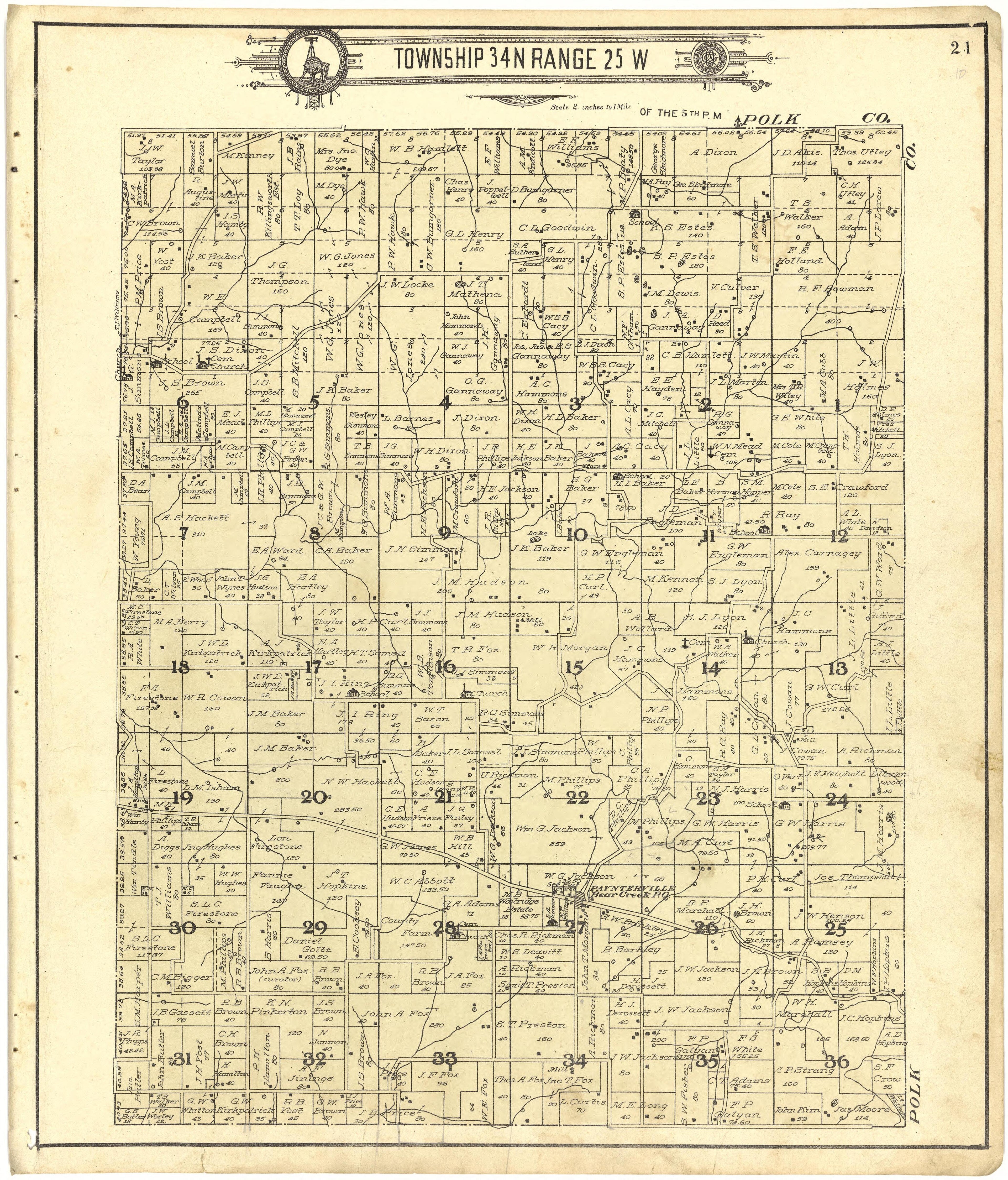 Map of Township 34 N Range 25 W from Standard Atlas of Cedar County, Missouri : Including a Plat Book of the Villages, Cities and Townships of the County, Map of the State, United States and World, Patrons Directory, Reference Business … 1908 by Relic Map Company