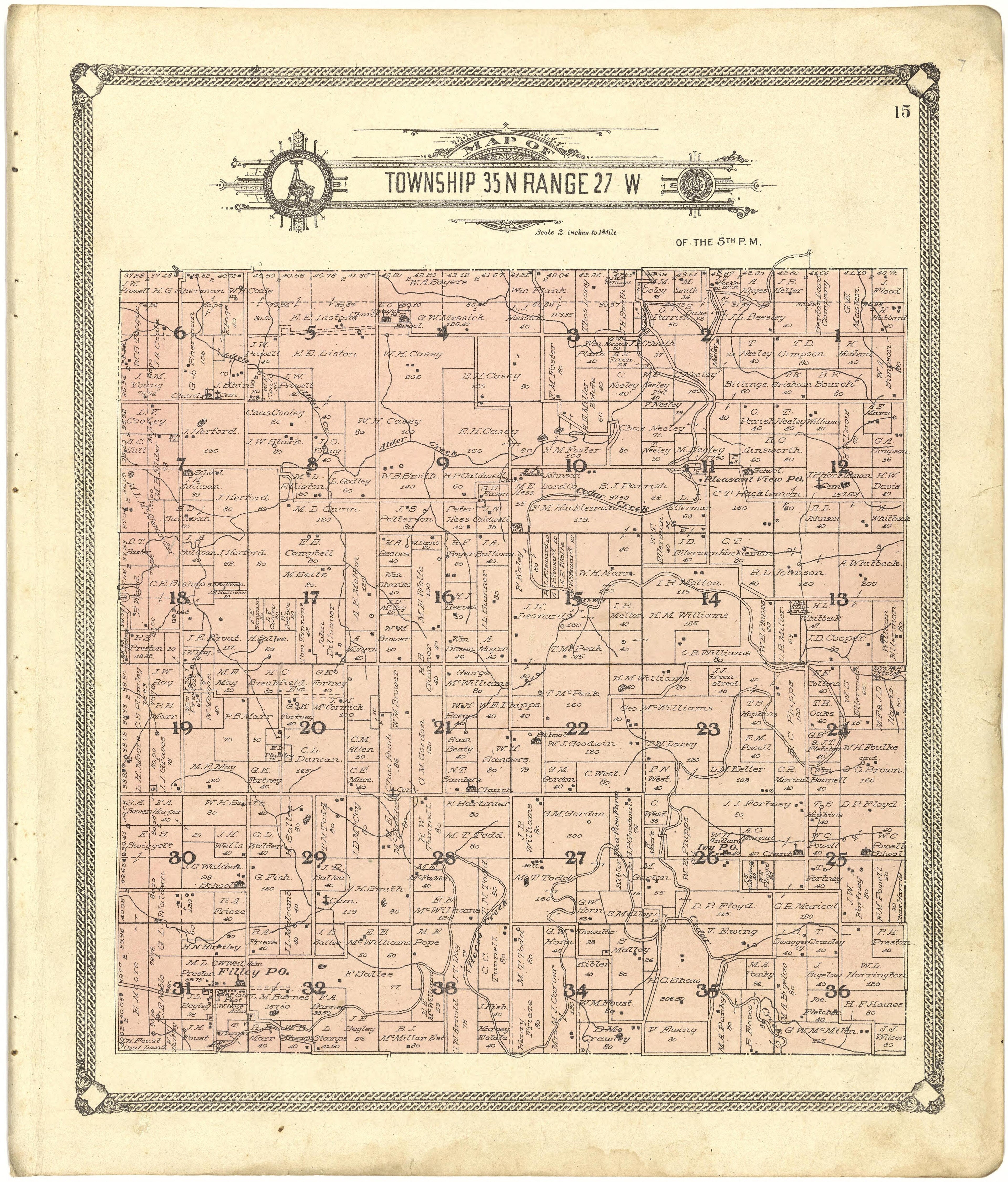 Map of Township 35 N Range 27 W from Standard Atlas of Cedar County, Missouri : Including a Plat Book of the Villages, Cities and Townships of the County, Map of the State, United States and World, Patrons Directory, Reference Business … 1908 by Relic Map Company