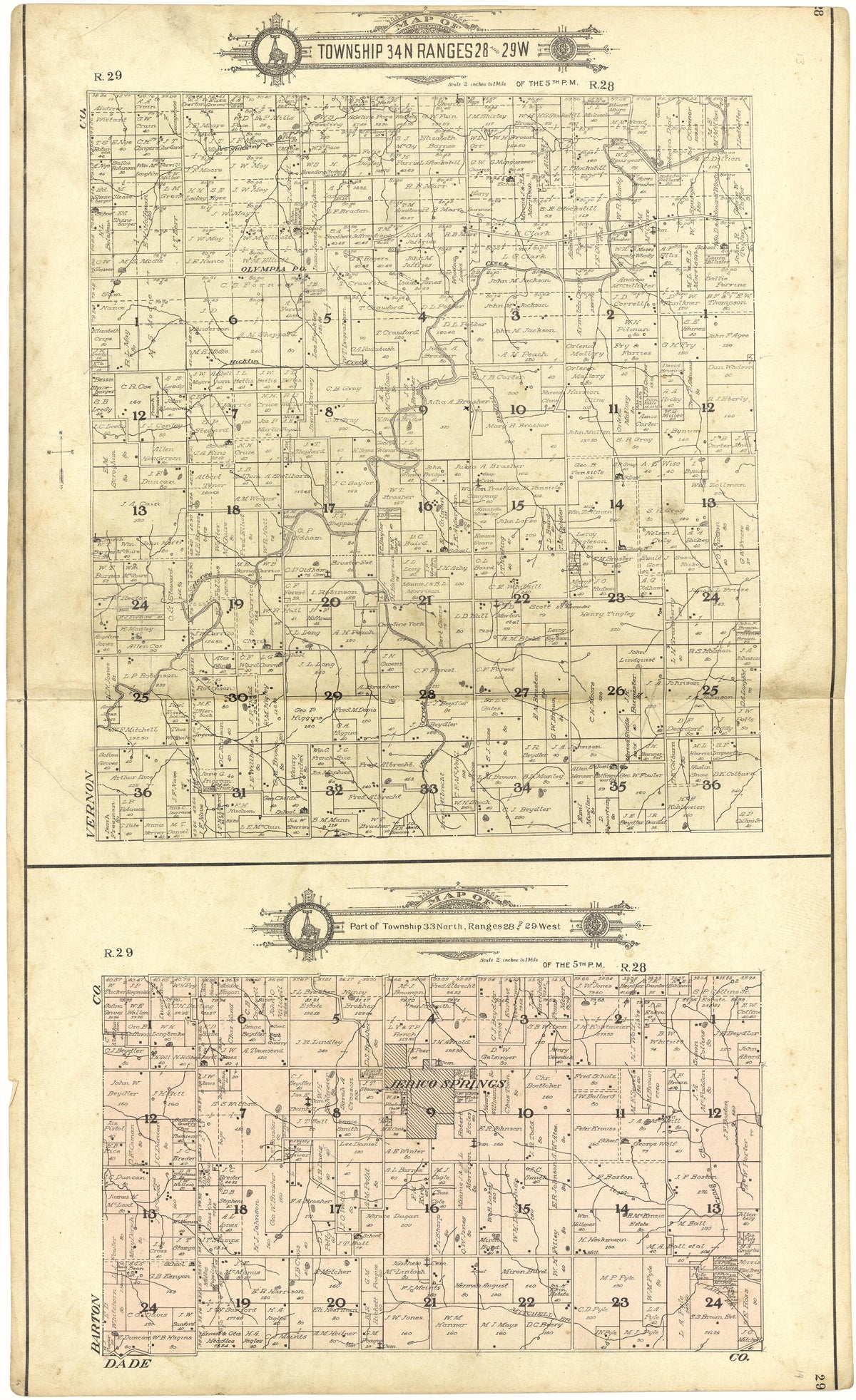 Map of Township 34 N Range 28 and 29 W from Standard Atlas of Cedar County, Missouri : Including a Plat Book of the Villages, Cities and Townships of the County, Map of the State, United States and World, Patrons Directory, Reference Business … 1908 by Relic Map Company
