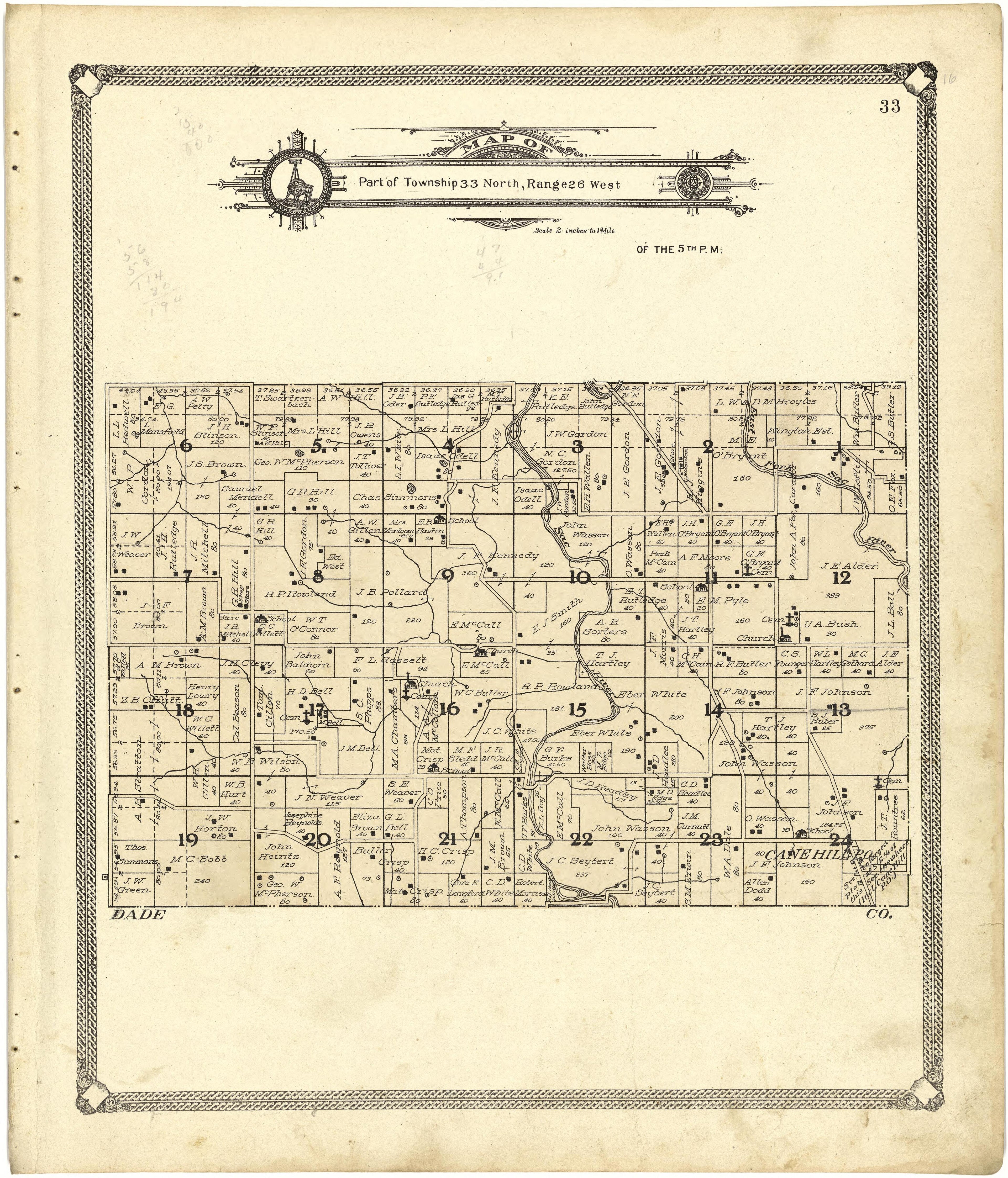 Map of Part of Township 33 North, Range 26 West from Standard Atlas of Cedar County, Missouri : Including a Plat Book of the Villages, Cities and Townships of the County, Map of the State, United States and World, Patrons Directory, Reference Business... by Relic Map Company