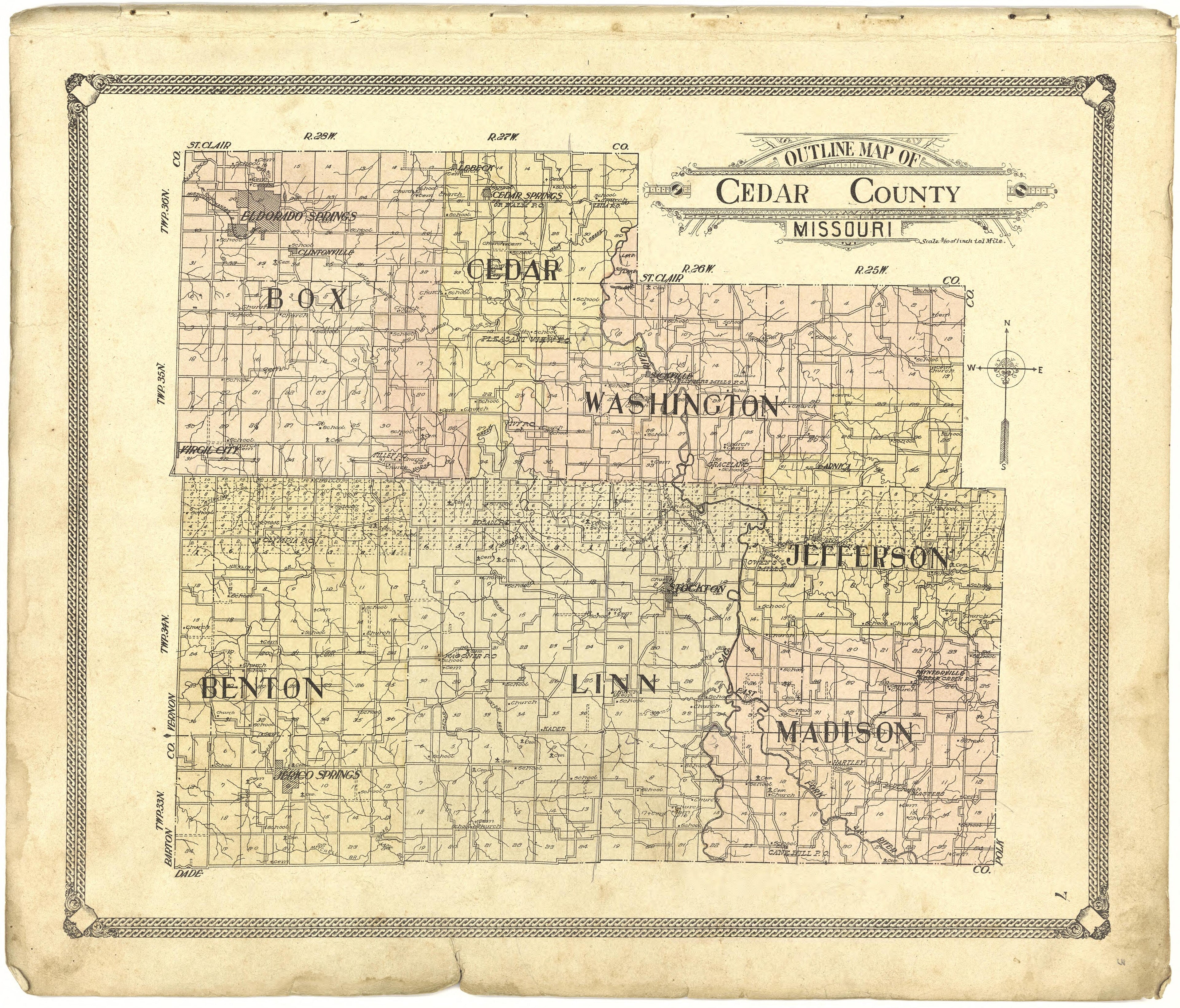 Outline Map of Cedar County, Missouri from Standard Atlas of Cedar County, Missouri : Including a Plat Book of the Villages, Cities and Townships of the County, Map of the State, United States and World, Patrons Directory, Reference Business … 1908 by Relic Map Company