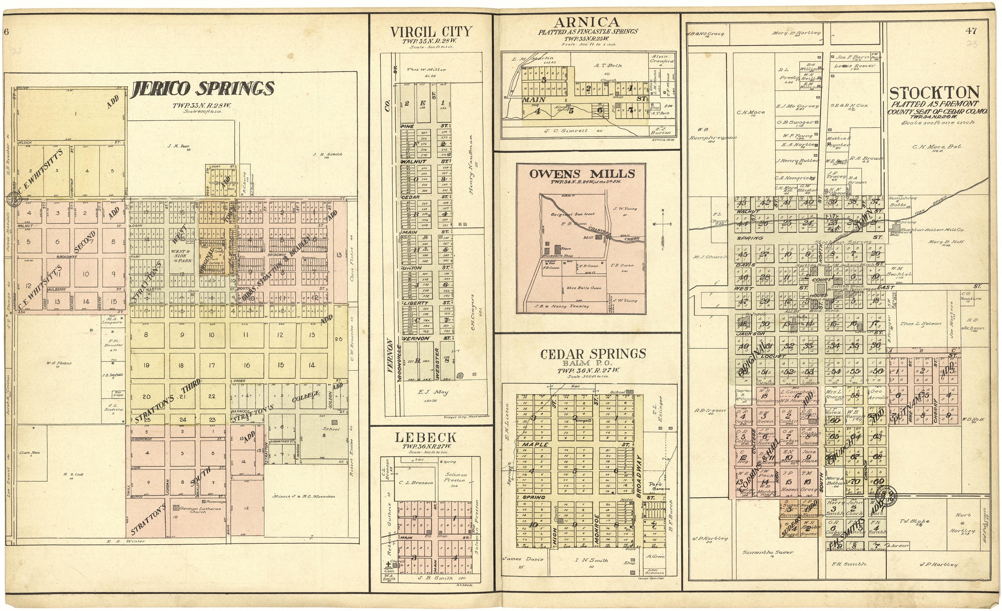 Jerico Springs; Virgil City; Lebeck; Arnica; Owens Mills; Cedar Springs from Standard Atlas of Cedar County, Missouri : Including a Plat Book of the Villages, Cities and Townships of the County, Map of the State, United States and World, Patrons Direc... by Relic Map Company