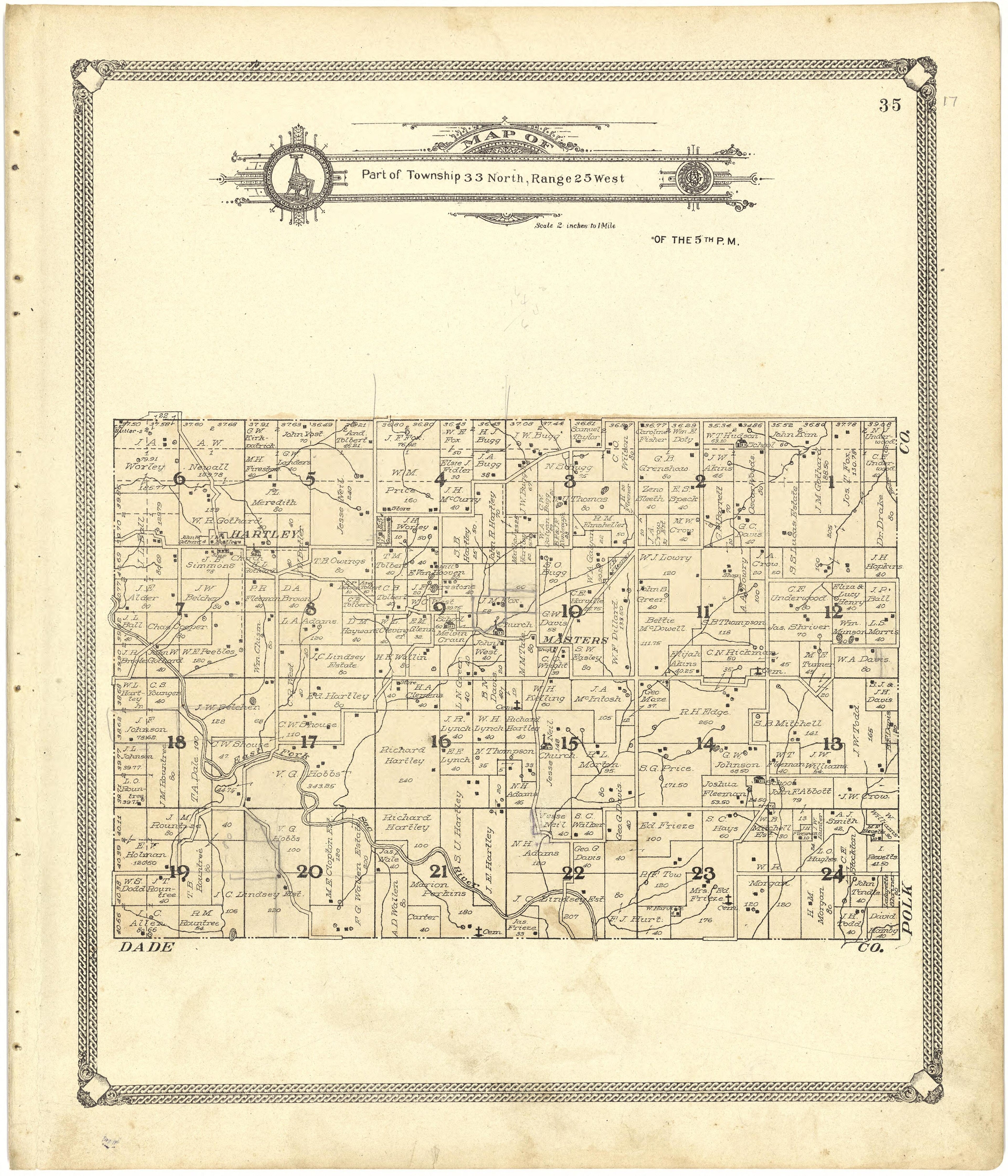 Map of Part of Township 33 North, Range 25 West from Standard Atlas of Cedar County, Missouri : Including a Plat Book of the Villages, Cities and Townships of the County, Map of the State, United States and World, Patrons Directory, Reference Business... by Relic Map Company