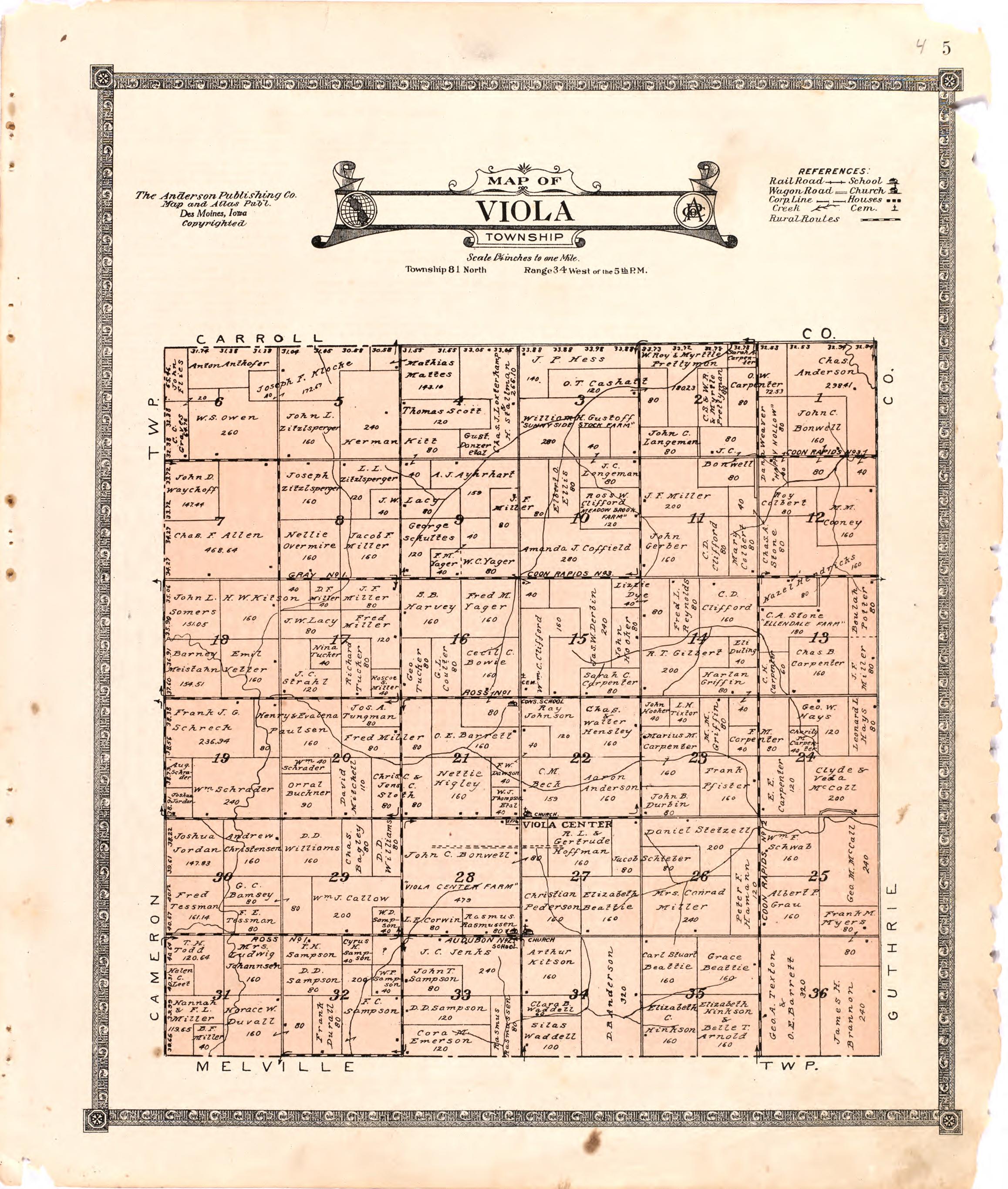 Map of Viola Township from Atlas of Audubon County, Iowa : Containing Maps of Townships of the County, Maps of State, United States and World, Farmers Directory, Analysis of the System of U.S. Land Surveys 1921 by Relic Map Company