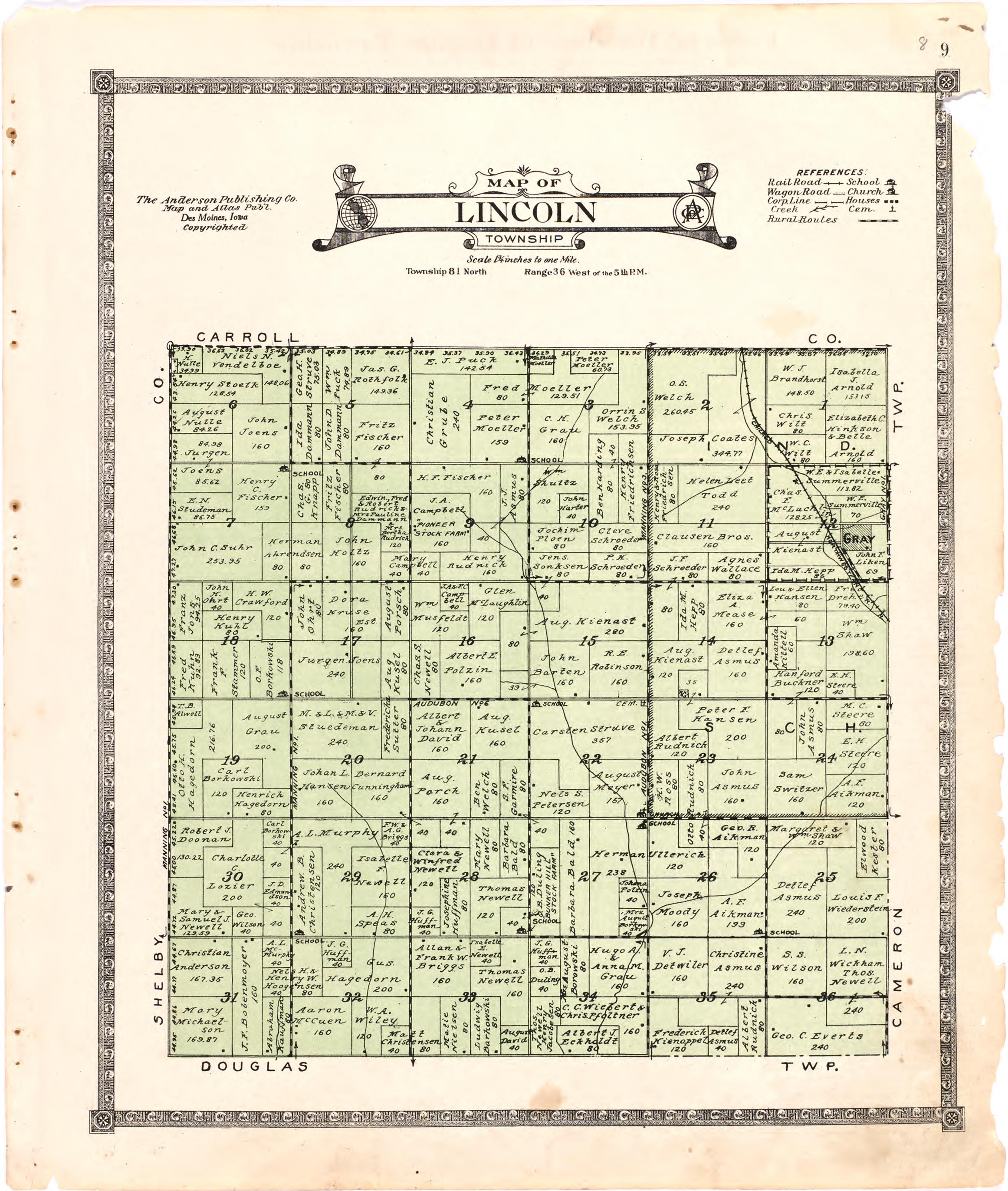 Map of Lincoln Township from Atlas of Audubon County, Iowa : Containing Maps of Townships of the County, Maps of State, United States and World, Farmers Directory, Analysis of the System of U.S. Land Surveys 1921 by Relic Map Company
