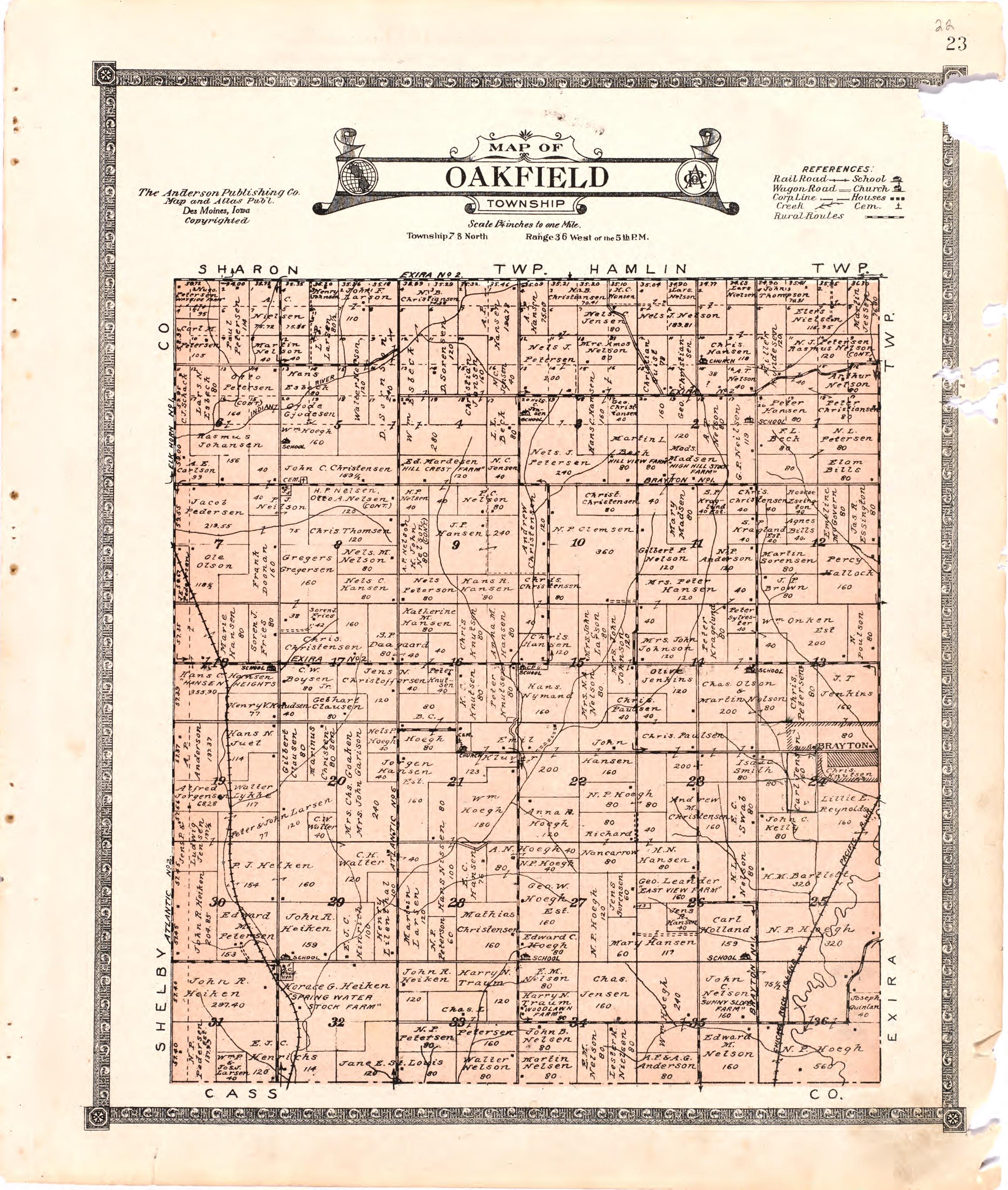 Map of Oakfield Township from Atlas of Audubon County, Iowa : Containing Maps of Townships of the County, Maps of State, United States and World, Farmers Directory, Analysis of the System of U.S. Land Surveys 1921 by Relic Map Company