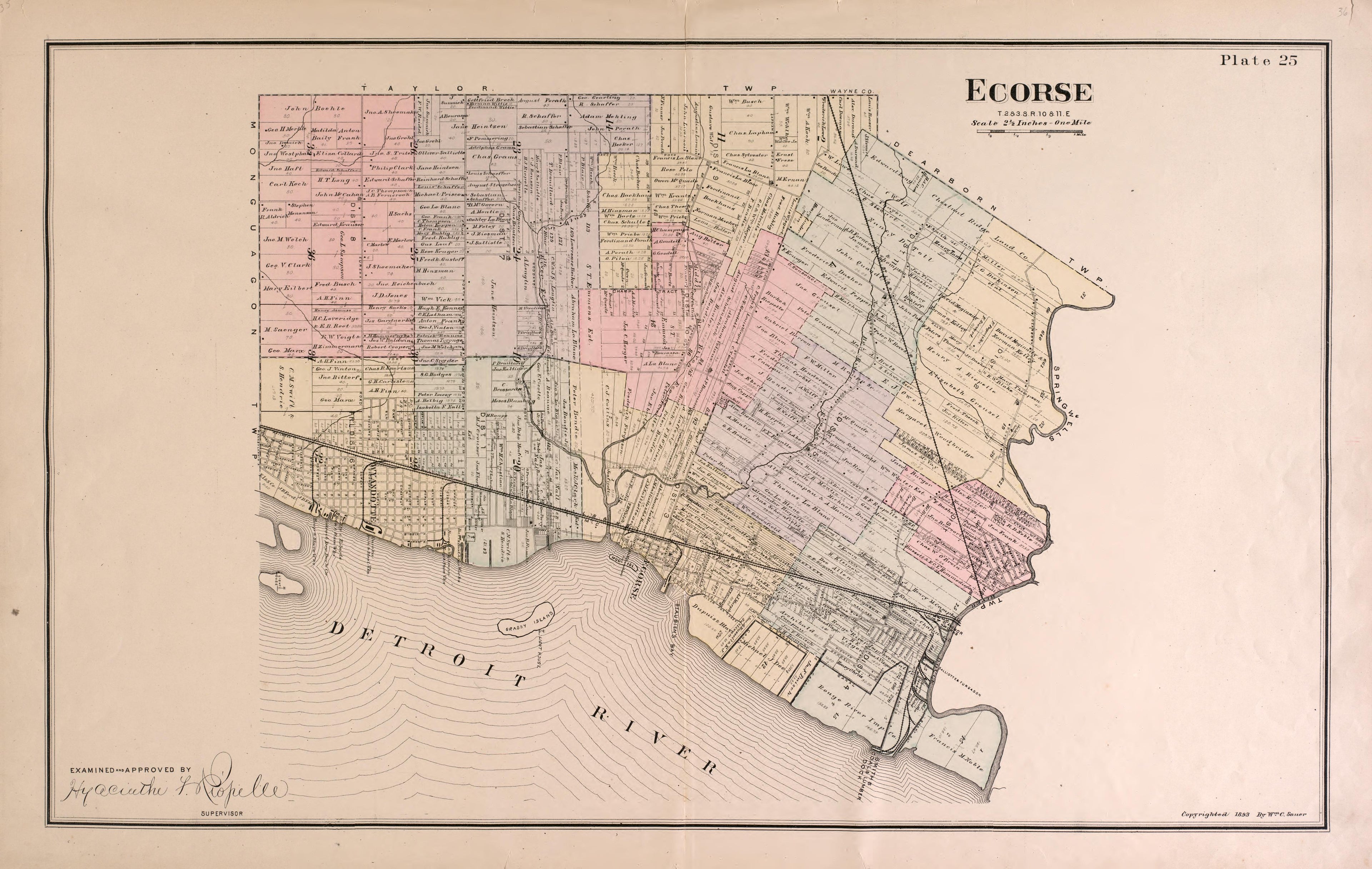 Ecorse Township from Detailed Official Atlas of Wayne County, Michigan : Containing General Maps of Wayne County and City of Detroit, General Township Maps ... : Also Detail Plats of All Recorded Subdivisions and Additions … 1893 by Relic Map Company