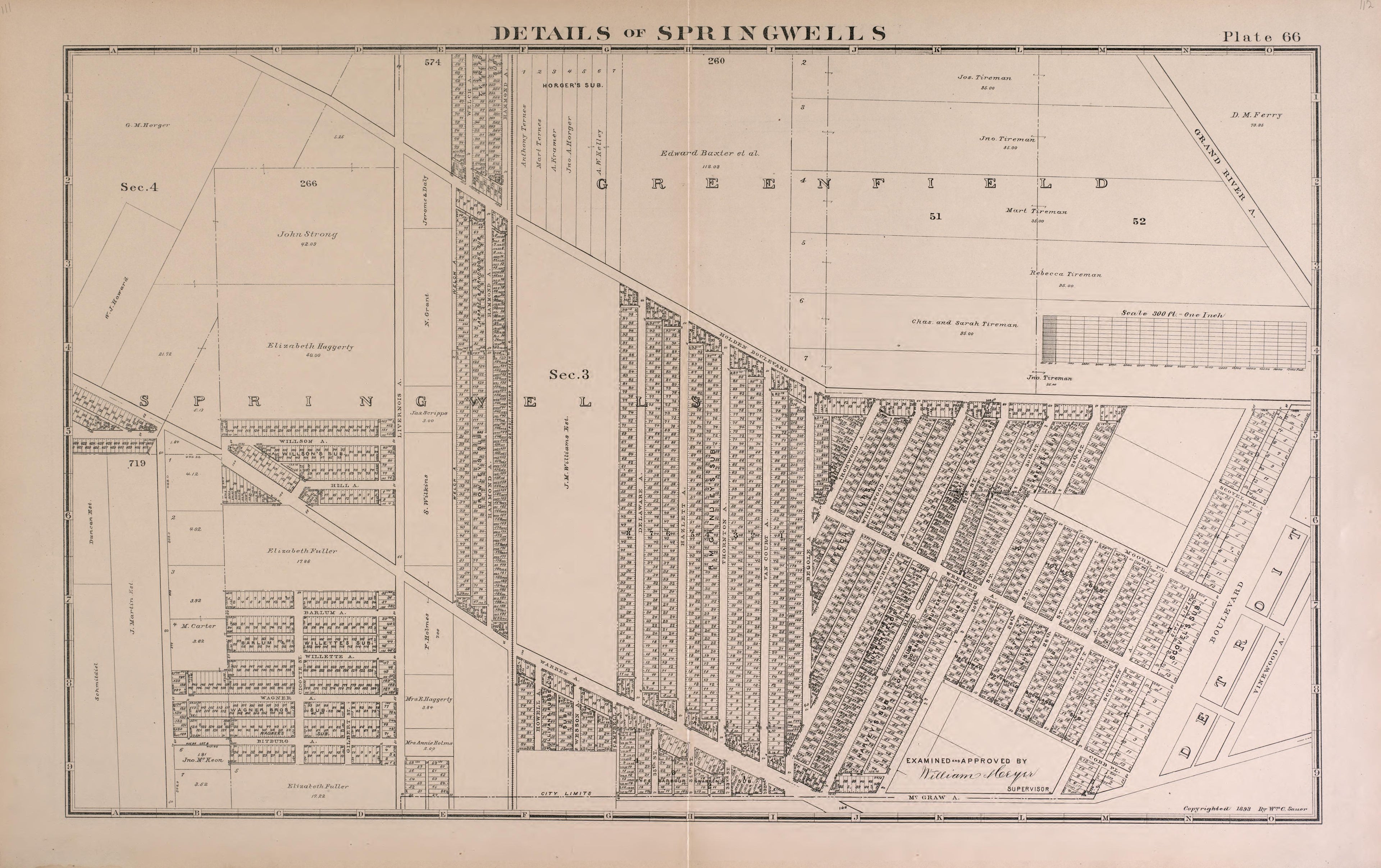 Details of Springwells - 1 from Detailed Official Atlas of Wayne County, Michigan : Containing General Maps of Wayne County and City of Detroit, General Township Maps ... : Also Detail Plats of All Recorded Subdivisions and Additions … 1893 by Relic Map Company