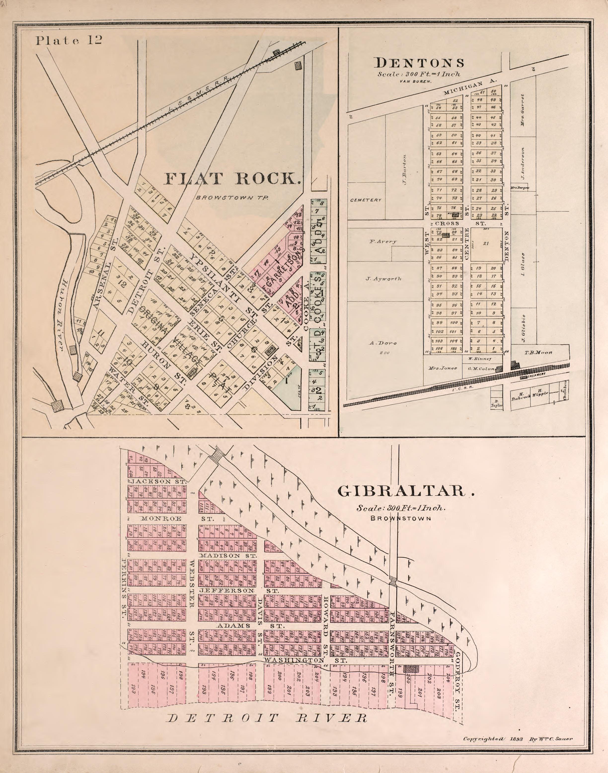 Flat Rock, Dentons and Gibralter from Detailed Official Atlas of Wayne County, Michigan : Containing General Maps of Wayne County and City of Detroit, General Township Maps ... : Also Detail Plats of All Recorded Subdivisions and Additions … 1893 by Relic Map Company