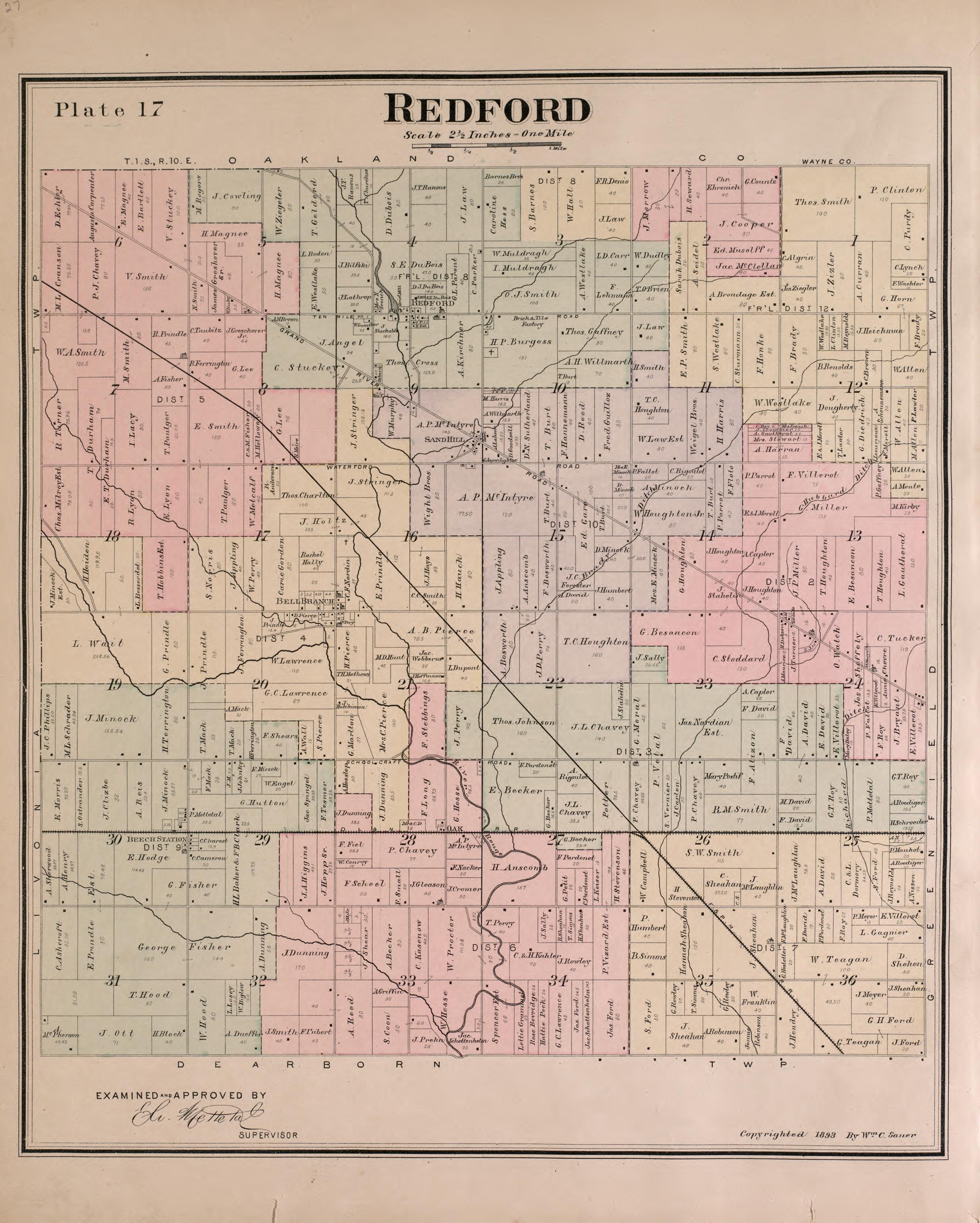 Redford Township from Detailed Official Atlas of Wayne County, Michigan : Containing General Maps of Wayne County and City of Detroit, General Township Maps ... : Also Detail Plats of All Recorded Subdivisions and Additions … 1893 by Relic Map Company
