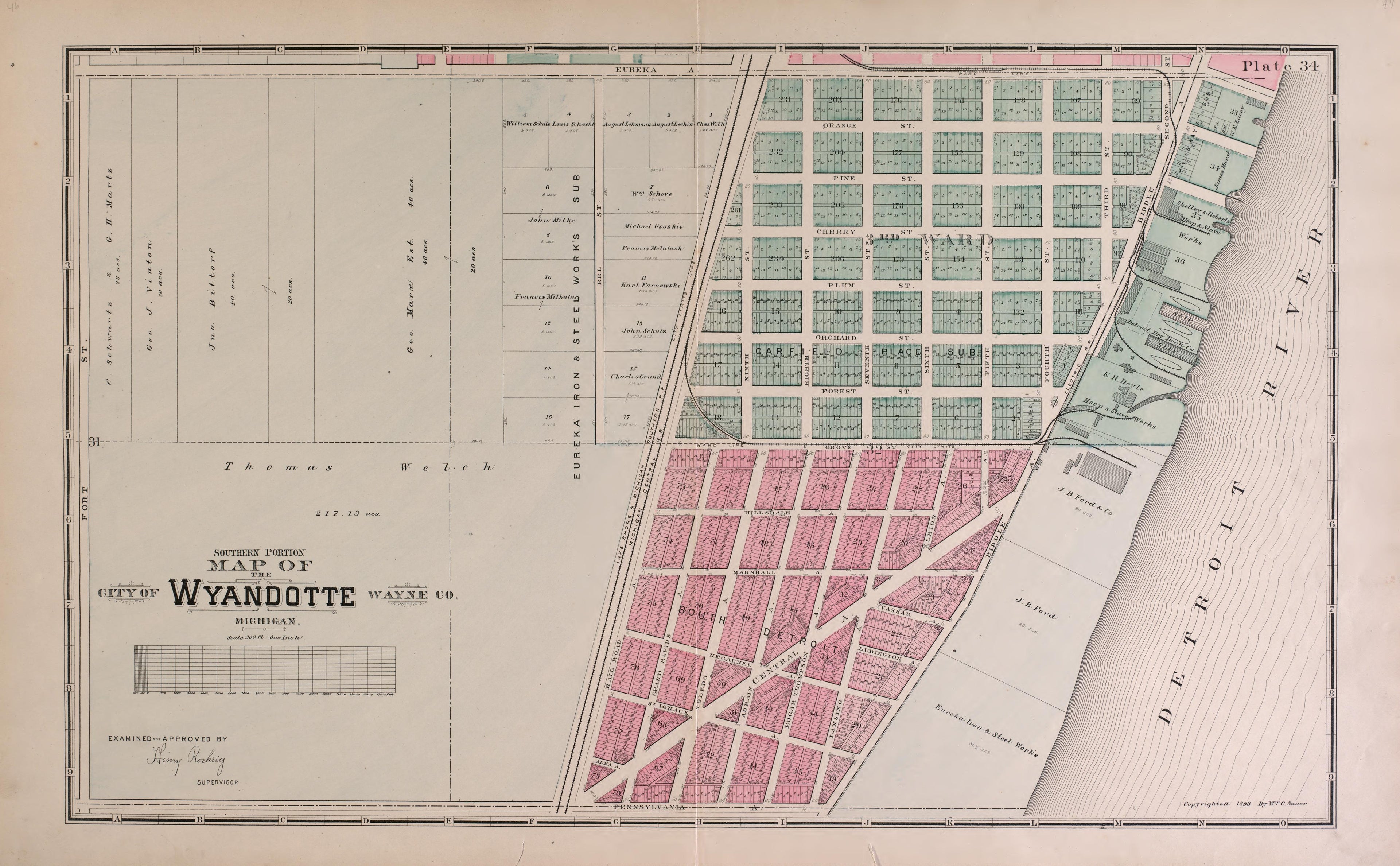 Wyandotte, Southern Portion from Detailed Official Atlas of Wayne County, Michigan : Containing General Maps of Wayne County and City of Detroit, General Township Maps ... : Also Detail Plats of All Recorded Subdivisions and Additions … 1893 by Relic Map Company