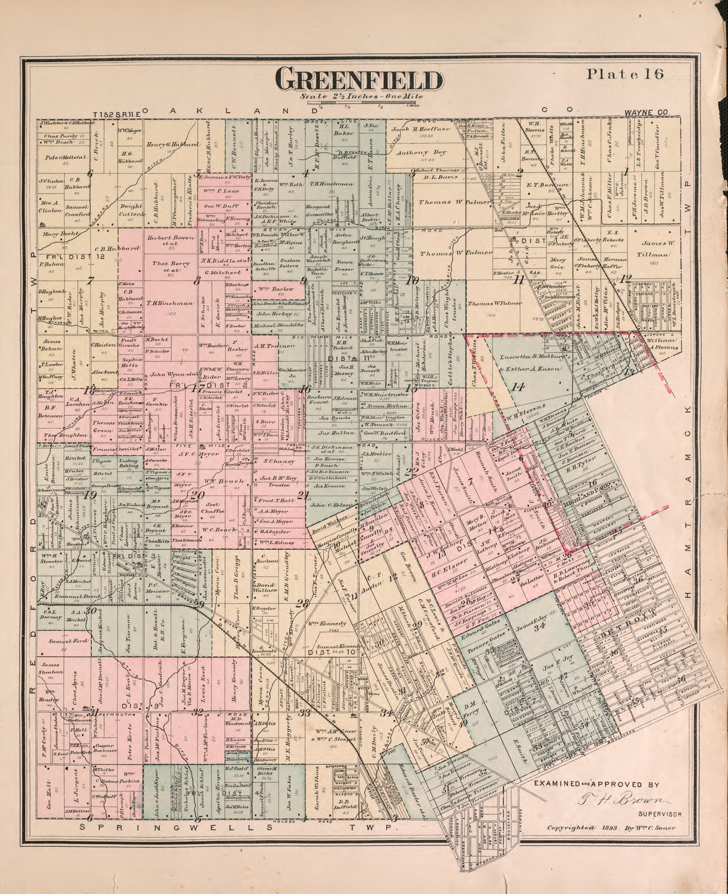 Greenfield Township from Detailed Official Atlas of Wayne County, Michigan : Containing General Maps of Wayne County and City of Detroit, General Township Maps ... : Also Detail Plats of All Recorded Subdivisions and Additions … 1893 by Relic Map Company
