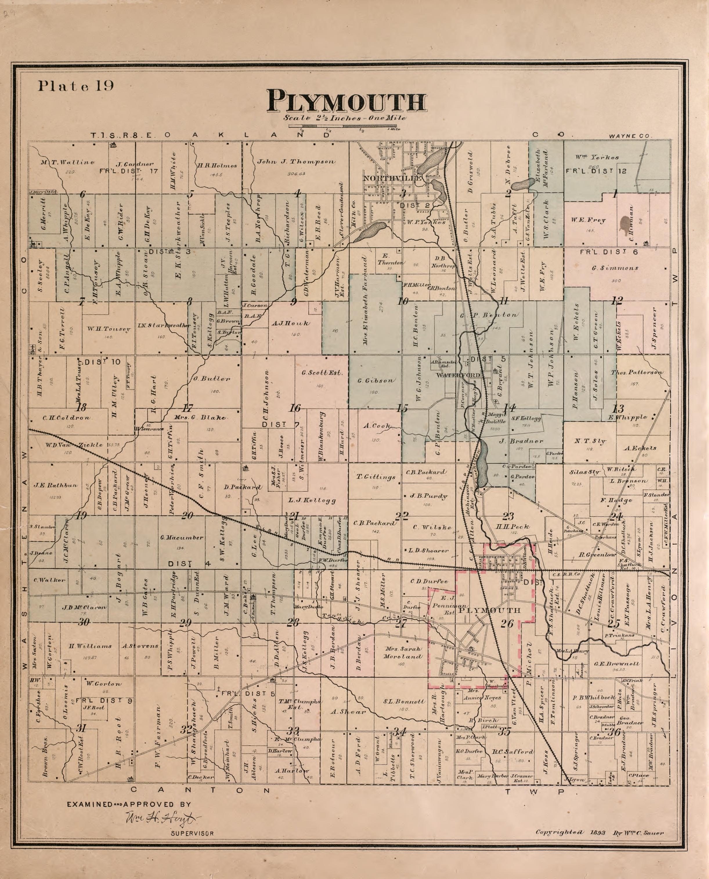 Plymouth Township from Detailed Official Atlas of Wayne County, Michigan : Containing General Maps of Wayne County and City of Detroit, General Township Maps ... : Also Detail Plats of All Recorded Subdivisions and Additions … 1893 by Relic Map Company