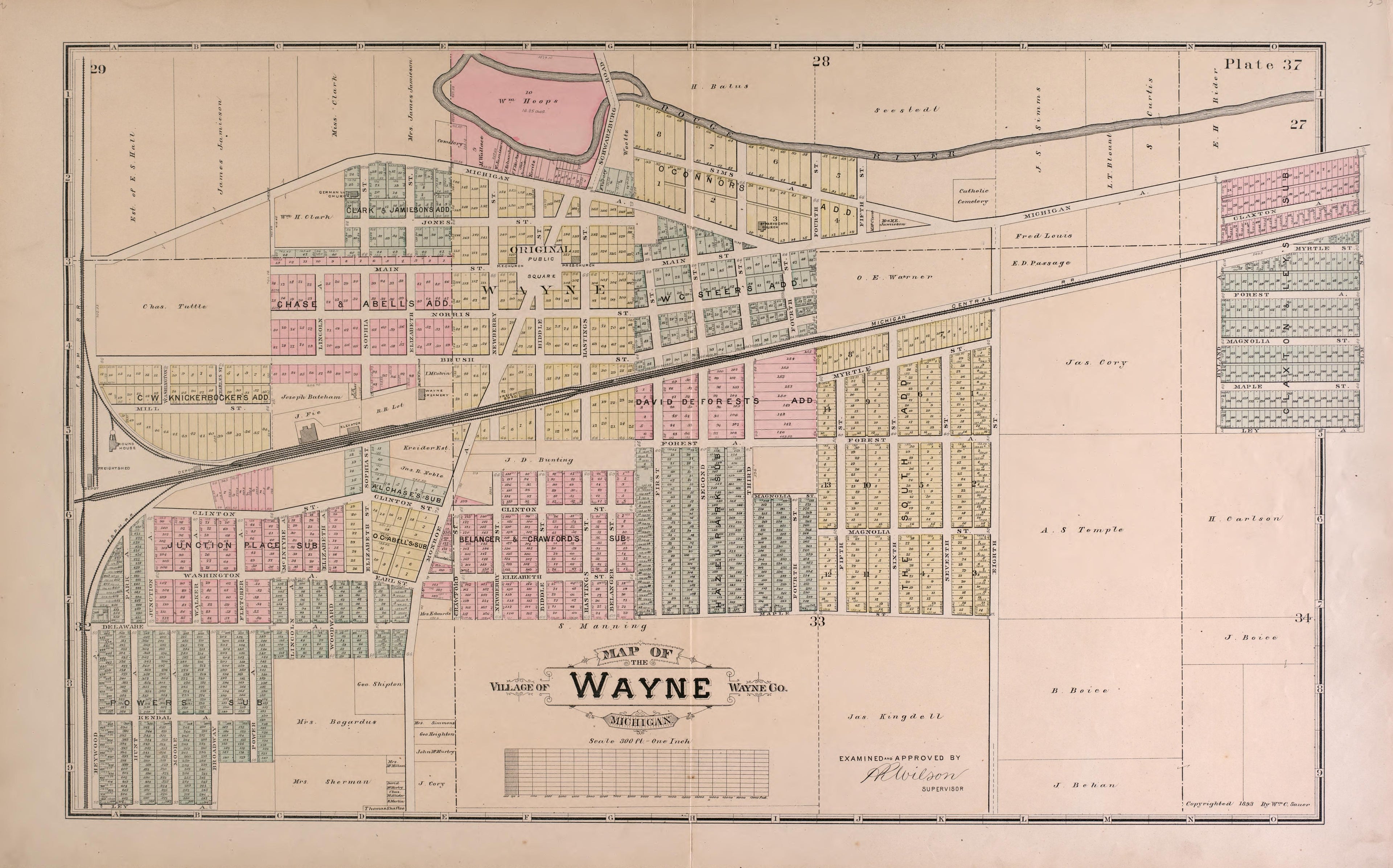 Village of Wayne from Detailed Official Atlas of Wayne County, Michigan : Containing General Maps of Wayne County and City of Detroit, General Township Maps ... : Also Detail Plats of All Recorded Subdivisions and Additions … 1893 by Relic Map Company