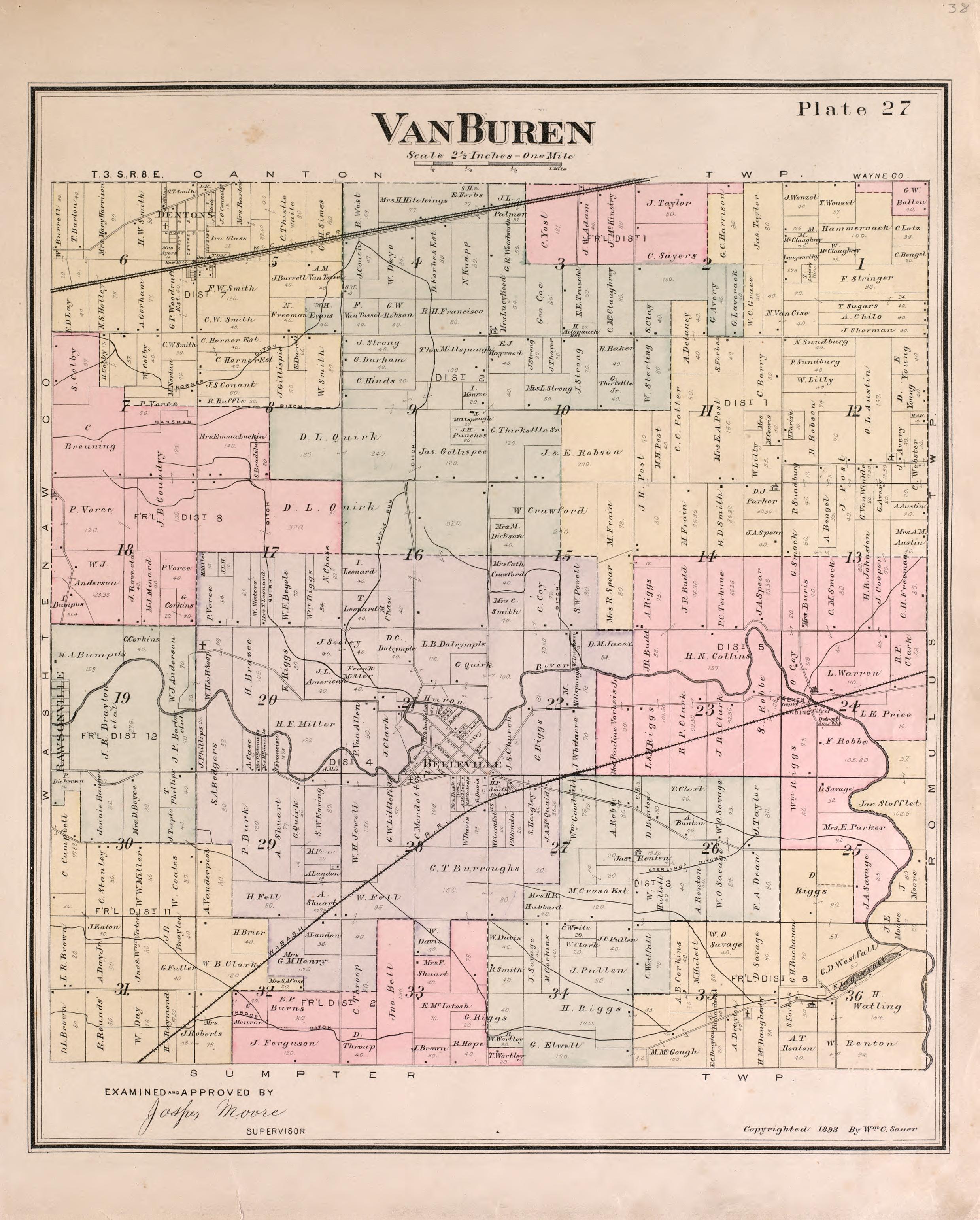VanBuren Township from Detailed Official Atlas of Wayne County, Michigan : Containing General Maps of Wayne County and City of Detroit, General Township Maps ... : Also Detail Plats of All Recorded Subdivisions and Additions … 1893 by Relic Map Company