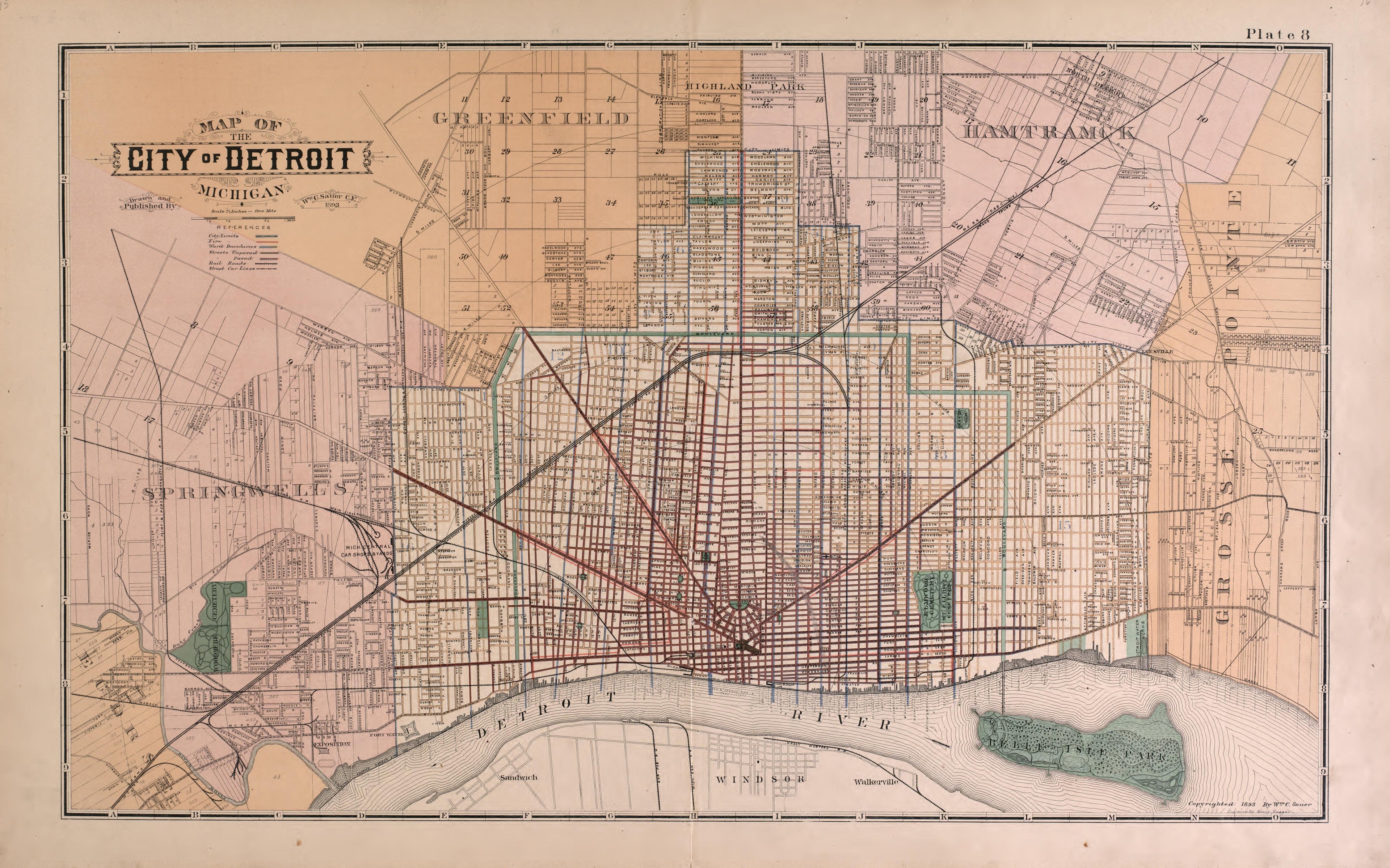 City of Detroit from Detailed Official Atlas of Wayne County, Michigan : Containing General Maps of Wayne County and City of Detroit, General Township Maps ... : Also Detail Plats of All Recorded Subdivisions and Additions … 1893 by Relic Map Company