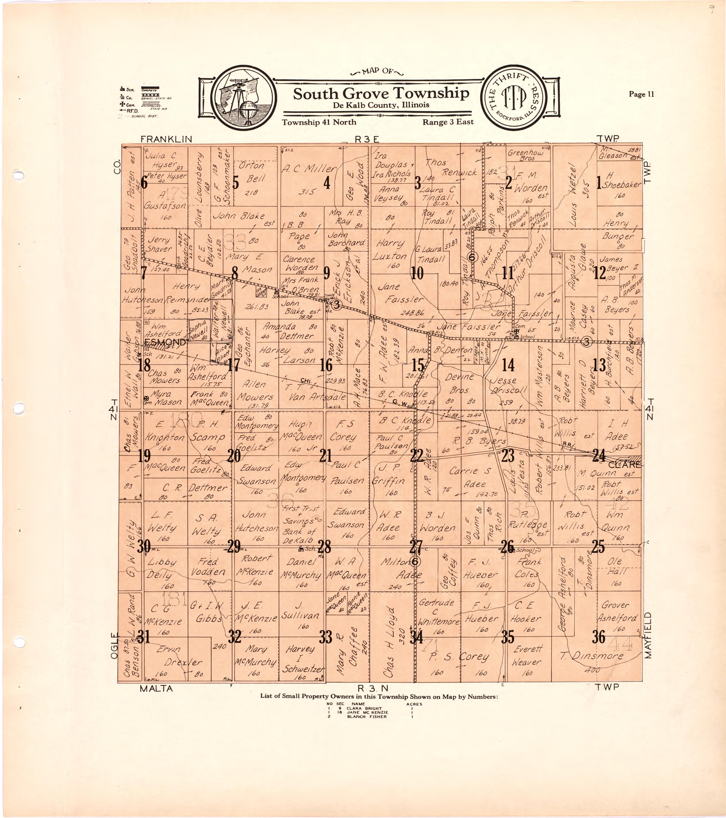 Map of South Grove Township De Kalb County, Illinois from Atlas and Plat Book of De Kalb County, Illinois : Compiled from Surveys and the Public Records of De Kalb County, Illinois 1929 by Relic Map Company