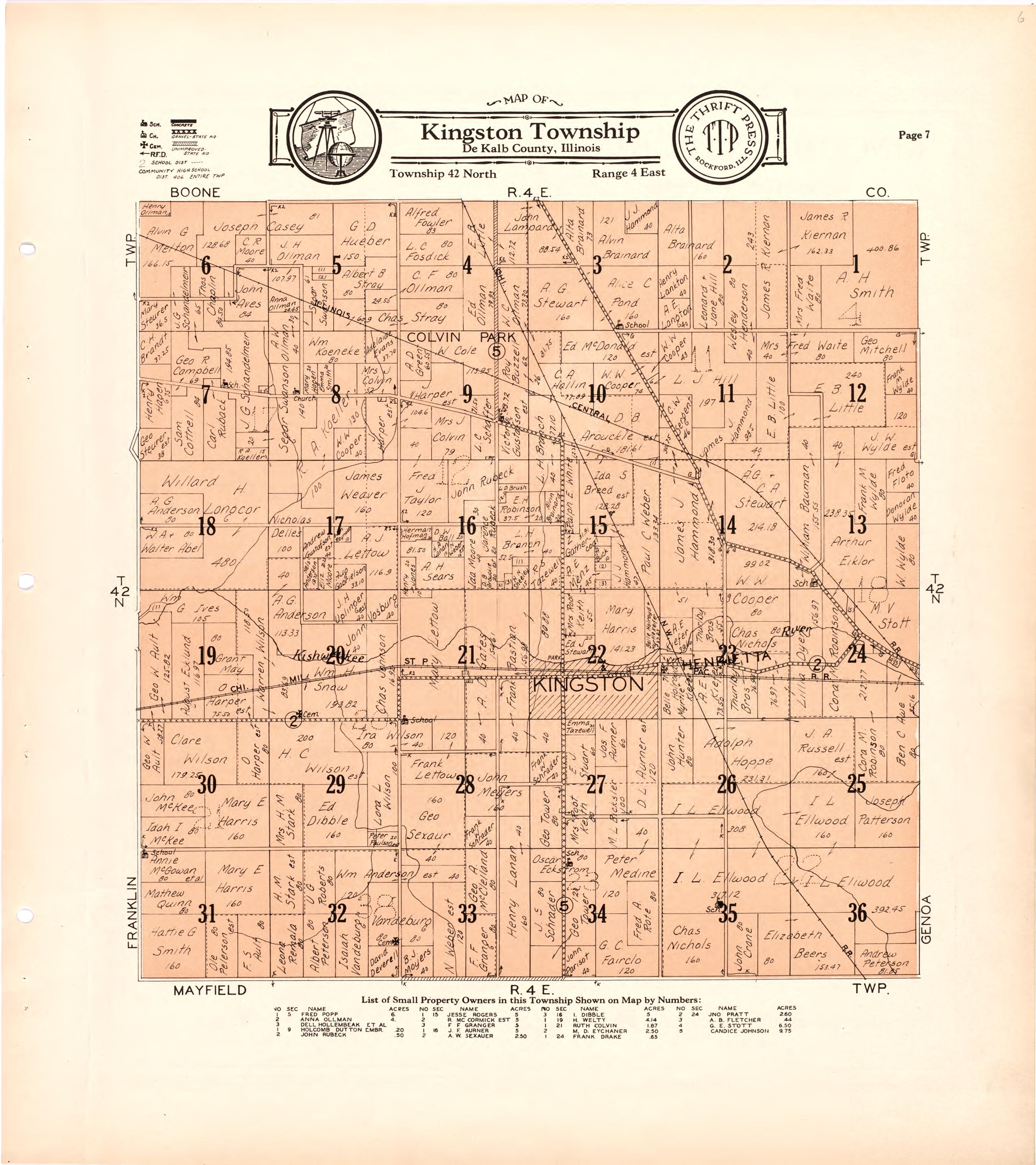 Map of Kingston Township De Kalb County, Illinois from Atlas and Plat Book of De Kalb County, Illinois : Compiled from Surveys and the Public Records of De Kalb County, Illinois 1929 by Relic Map Company