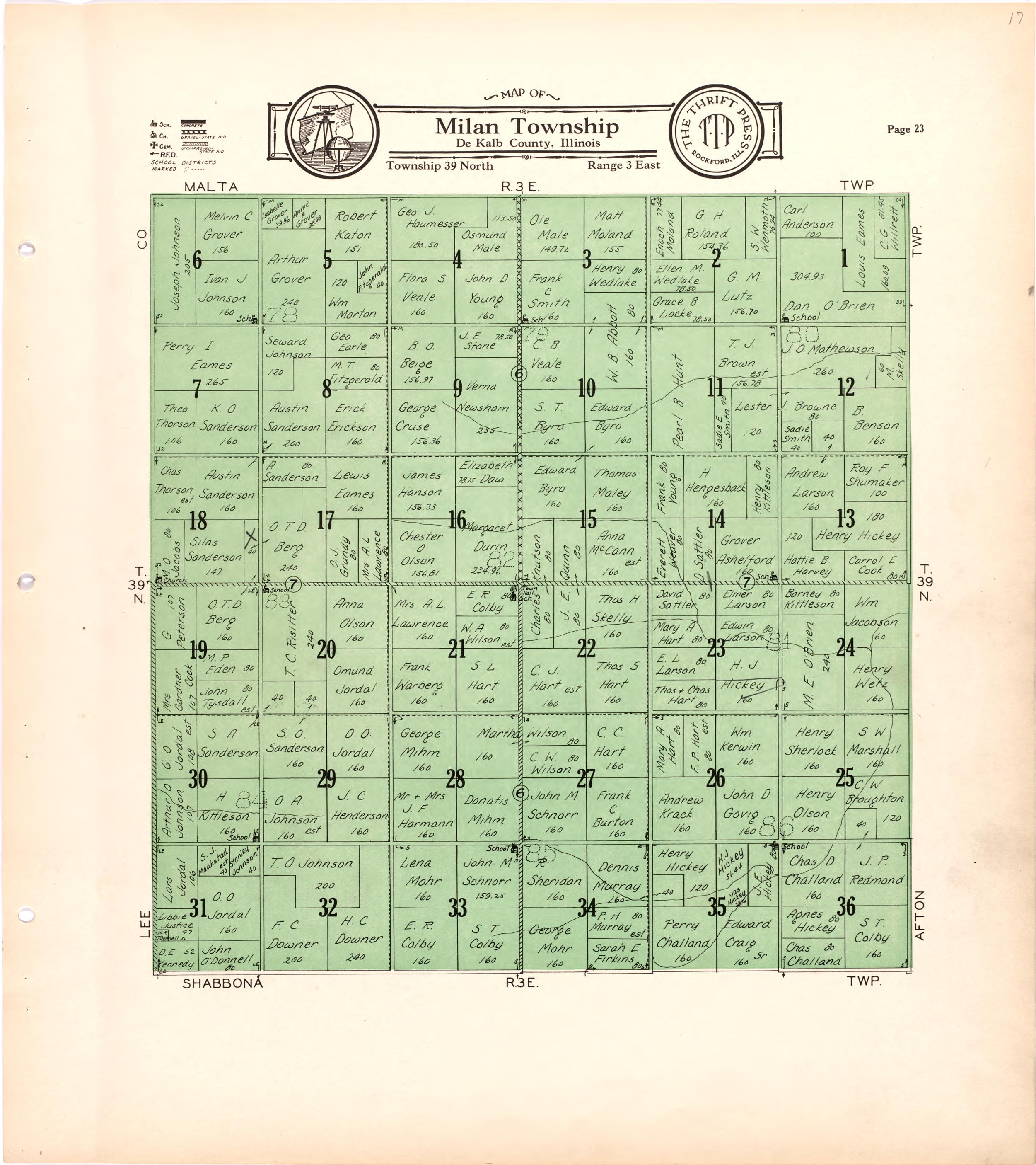 Map of Milan Township De Kalb County, Illinois from Atlas and Plat Book of De Kalb County, Illinois : Compiled from Surveys and the Public Records of De Kalb County, Illinois 1929 by Relic Map Company