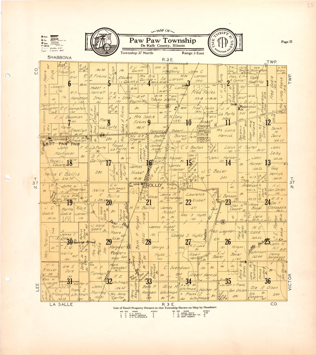 Map of Paw Paw Township De Kalb County, Illinois from Atlas and Plat Book of De Kalb County, Illinois : Compiled from Surveys and the Public Records of De Kalb County, Illinois 1929 by Relic Map Company