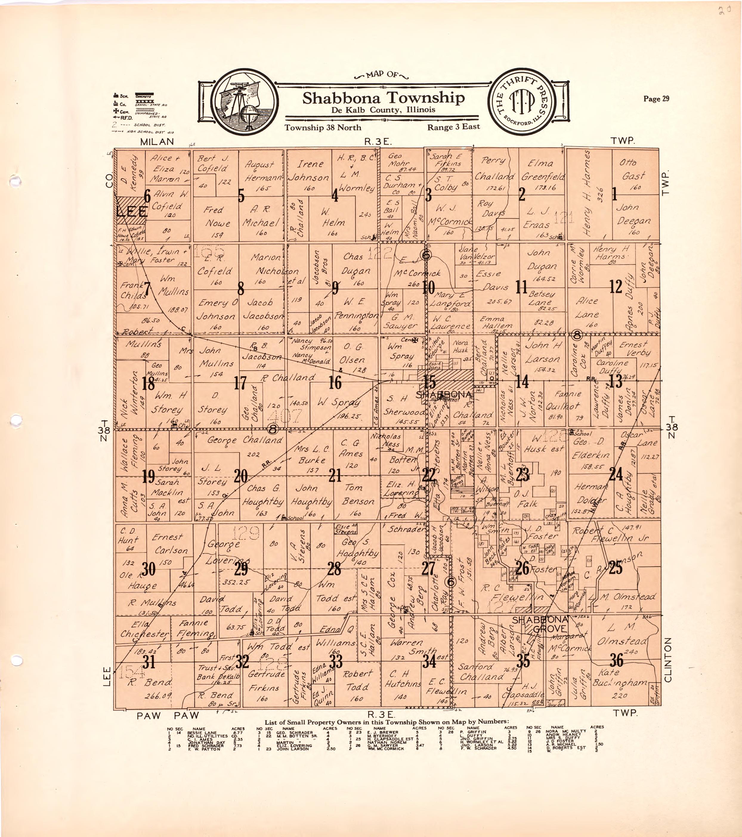 Map of Shabbona Township De Kalb County, Illinois from Atlas and Plat Book of De Kalb County, Illinois : Compiled from Surveys and the Public Records of De Kalb County, Illinois 1929 by Relic Map Company