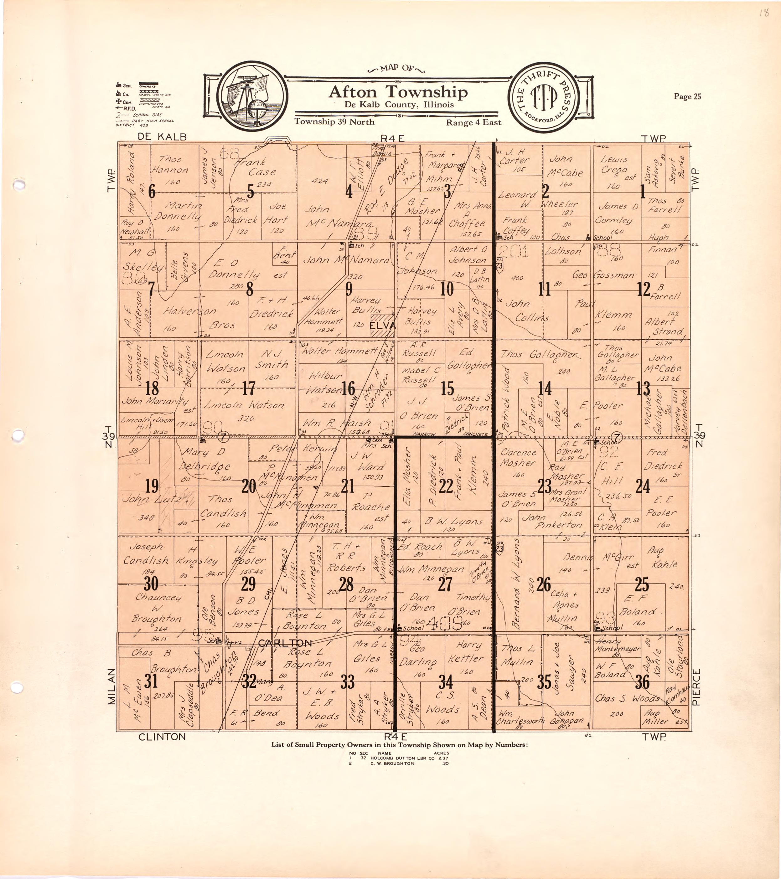 Map of Afton Township De Kalb County, Illinois from Atlas and Plat Book of De Kalb County, Illinois : Compiled from Surveys and the Public Records of De Kalb County, Illinois 1929 by Relic Map Company