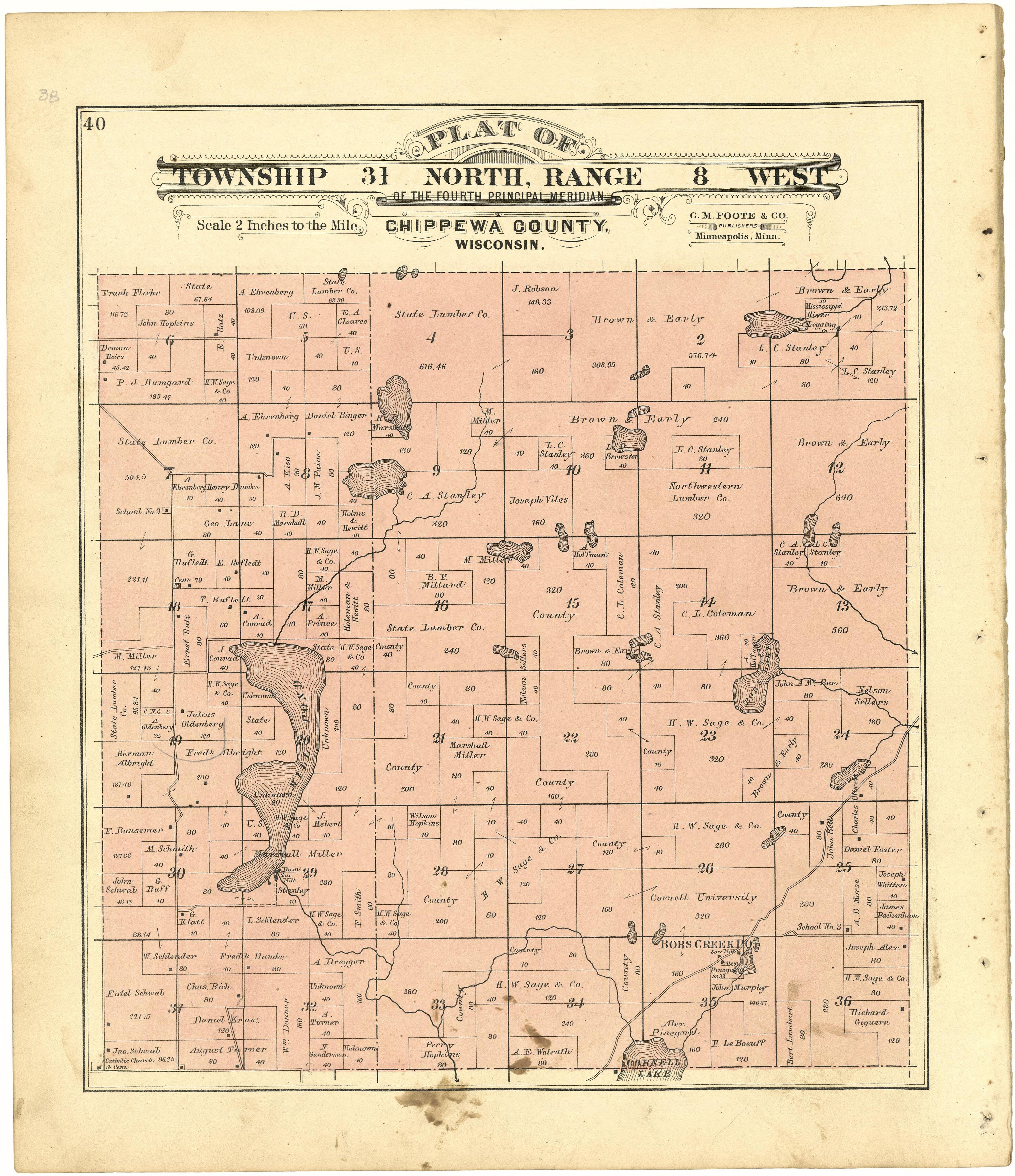 Plat of Township 31 North, Range 8 West from Plat Book of Chippewa County, Wisconsin 1888 by Relic Map Company
