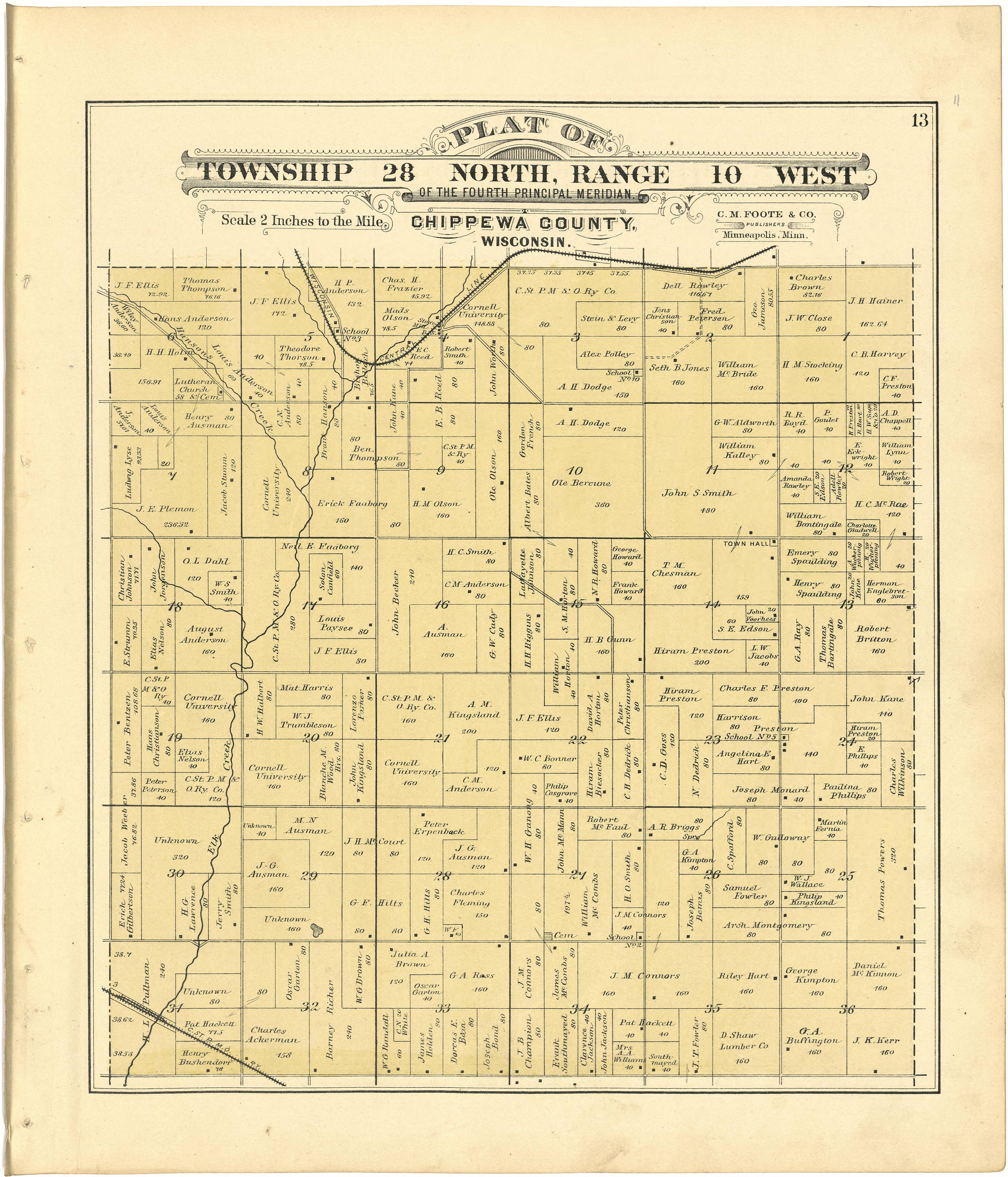 Plat of Township 28 North, Range 10 West from Plat Book of Chippewa County, Wisconsin 1888 by Relic Map Company