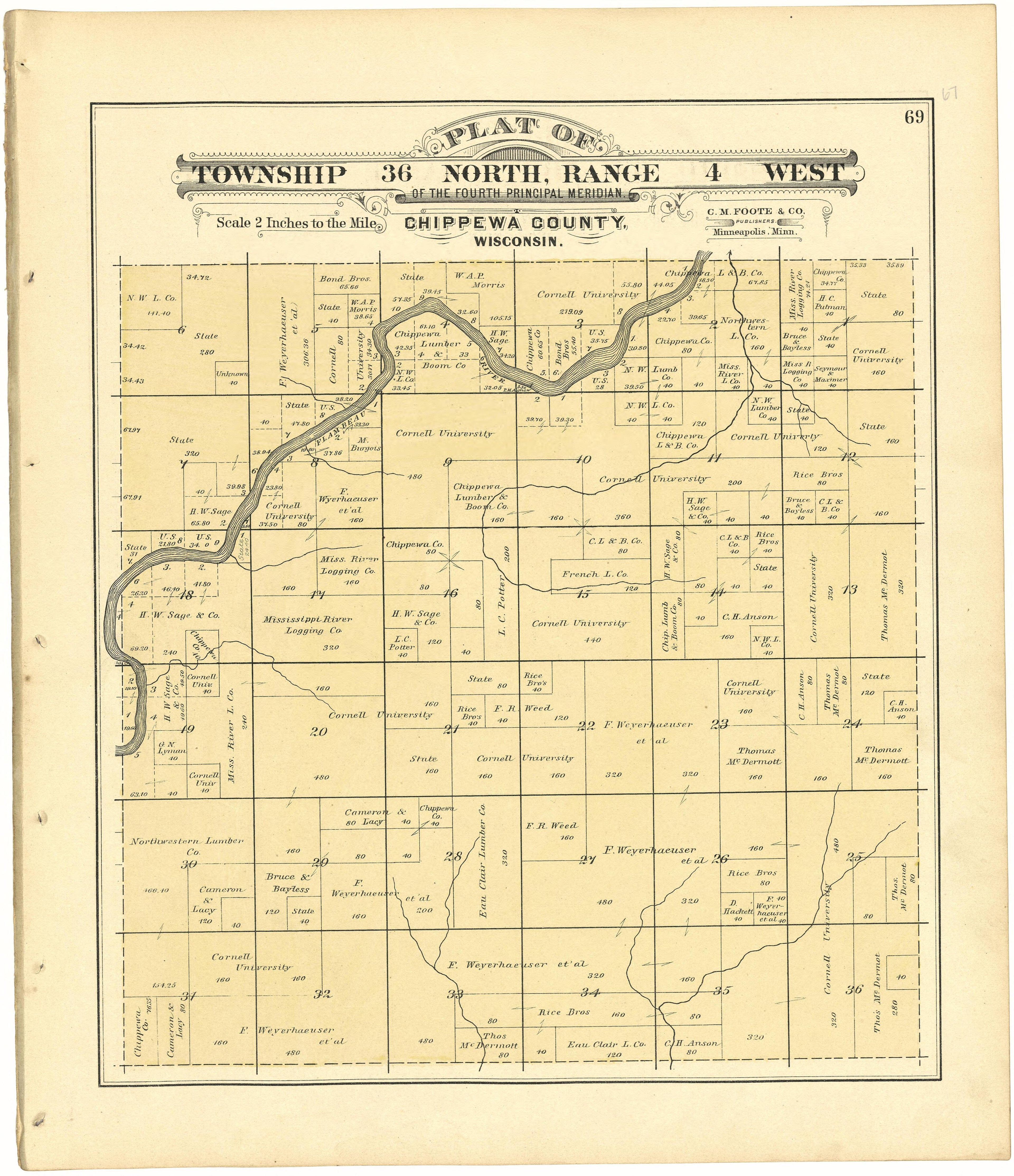Plat of Township 36 North, Range 4 West from Plat Book of Chippewa County, Wisconsin 1888 by Relic Map Company
