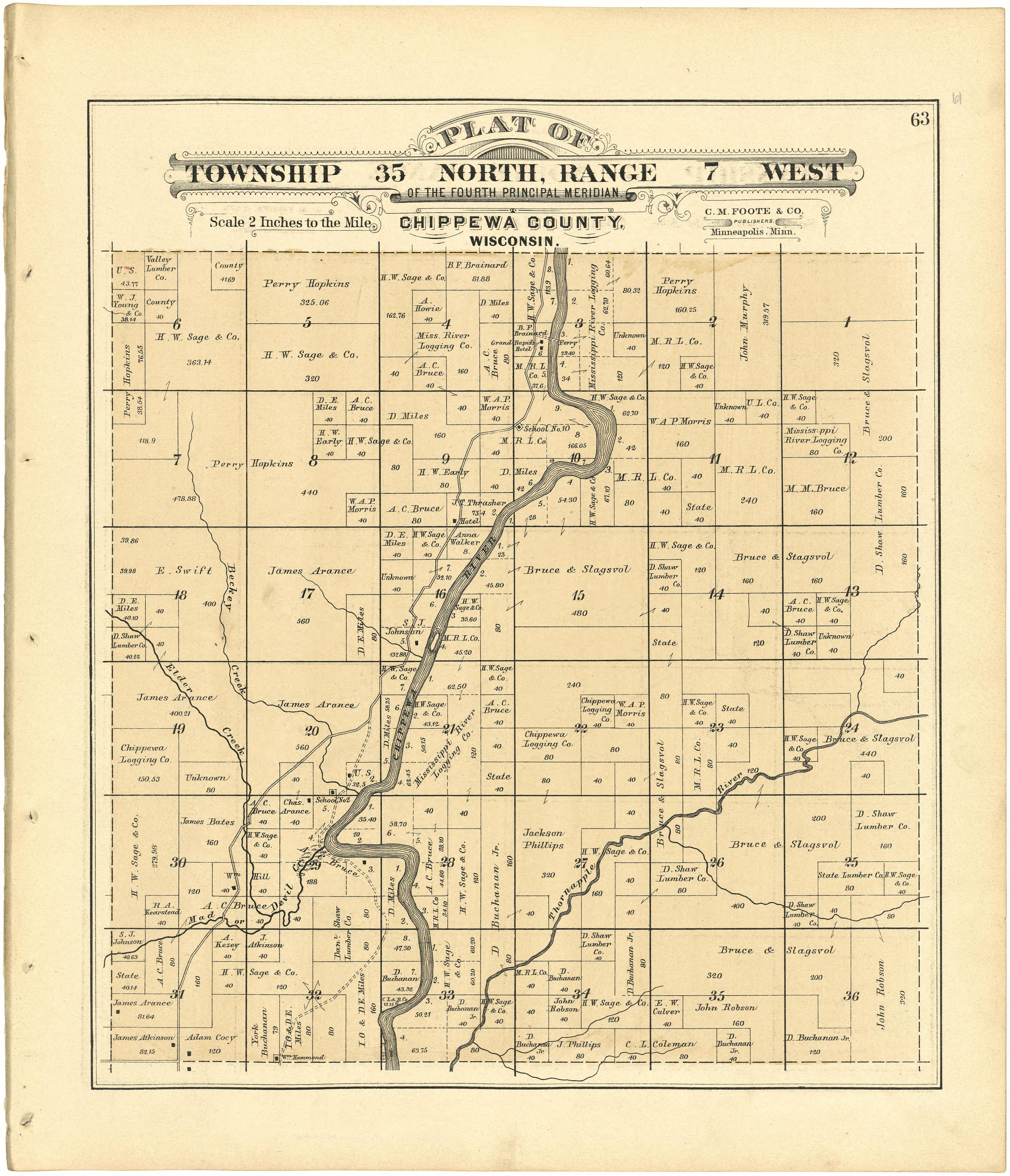 Plat of Township 35 North, Range 7 West from Plat Book of Chippewa County, Wisconsin 1888 by Relic Map Company