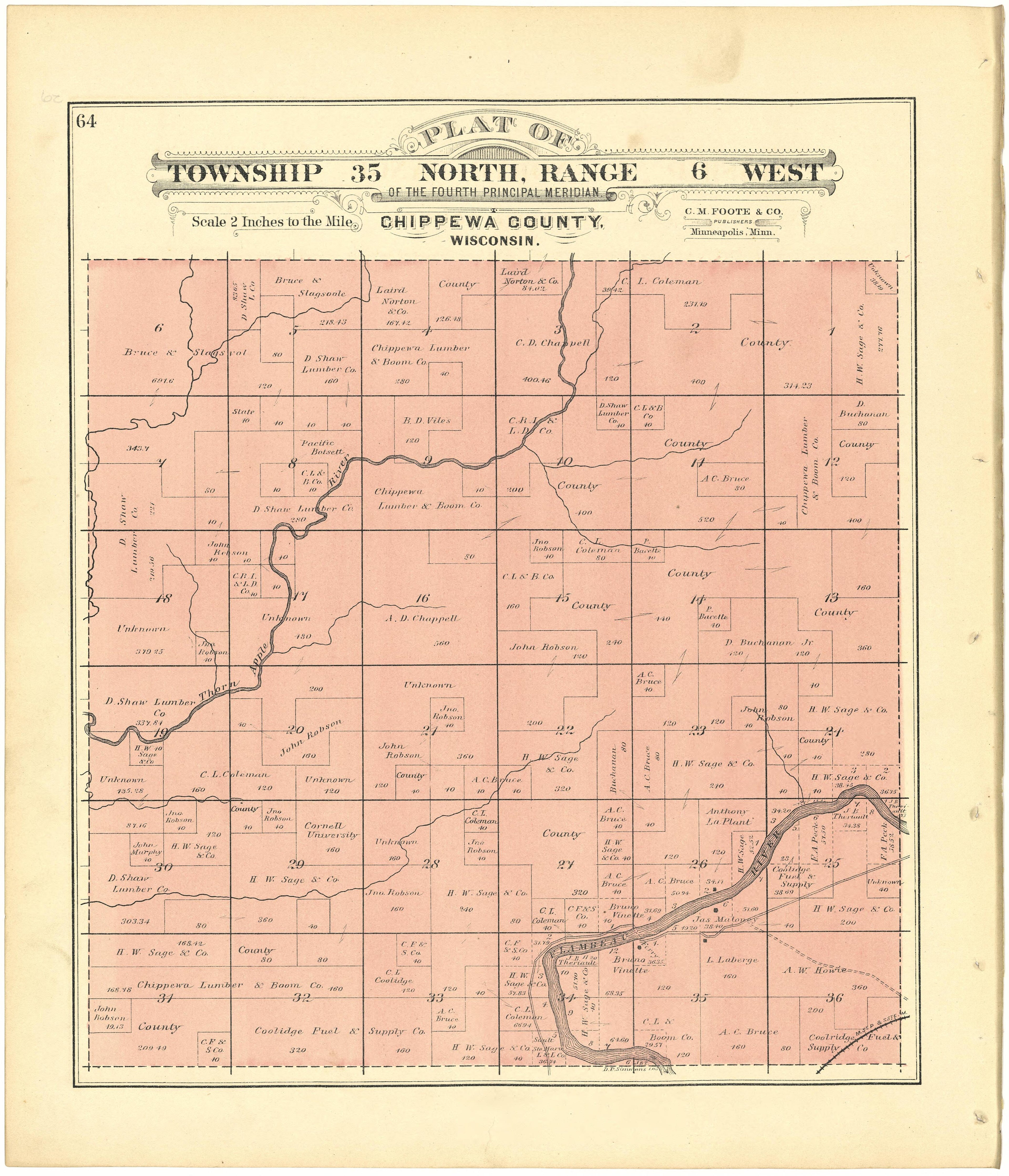 Plat of Township 35 North, Range 6 West from Plat Book of Chippewa County, Wisconsin 1888 by Relic Map Company